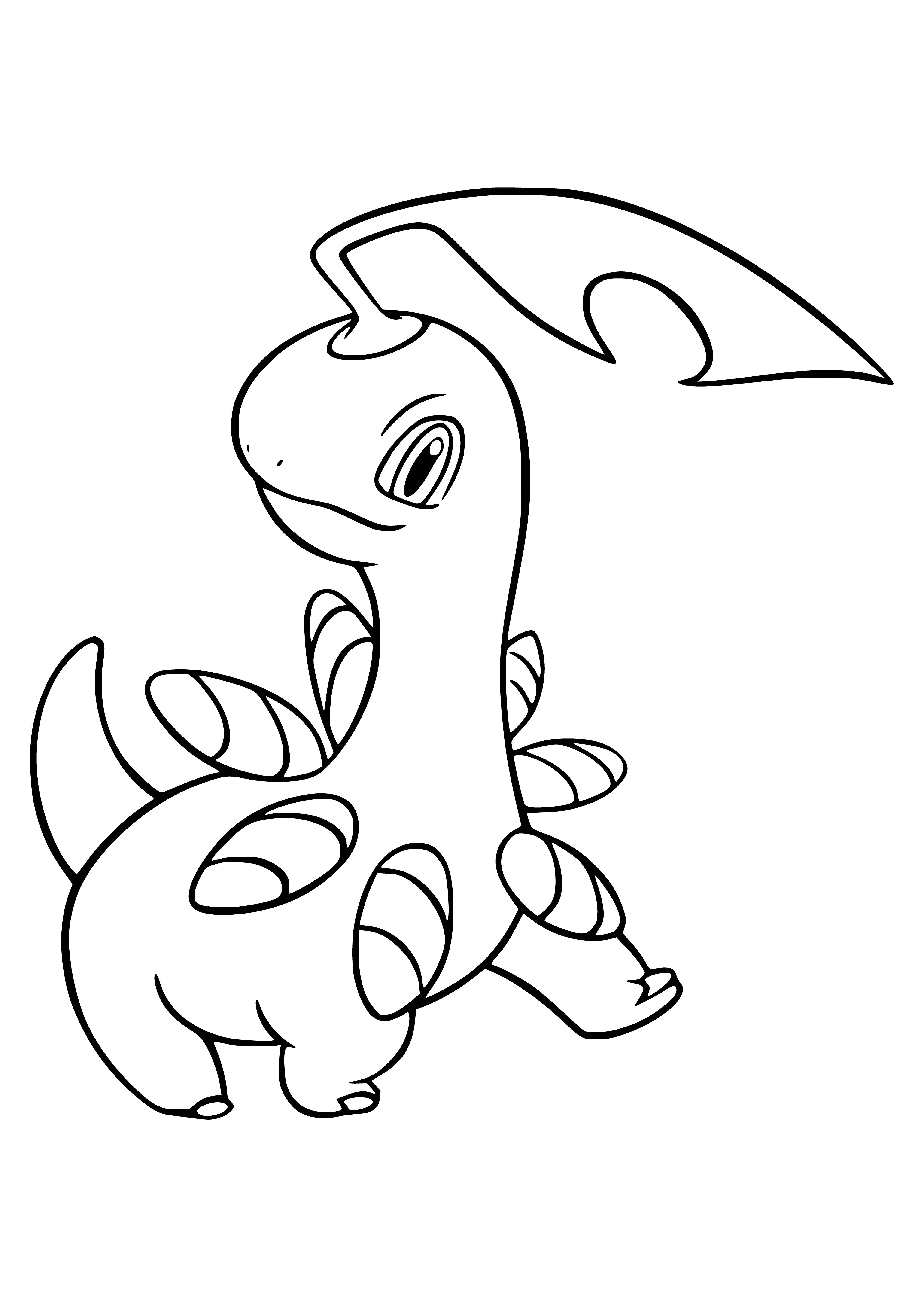 coloring page: Bayleef is a medium-sized Pokemon with pale yellow skin, big eyes, short snout, long thin neck, small leaf on head, green body, thin legs with 3-clawed feet, & long green tail.