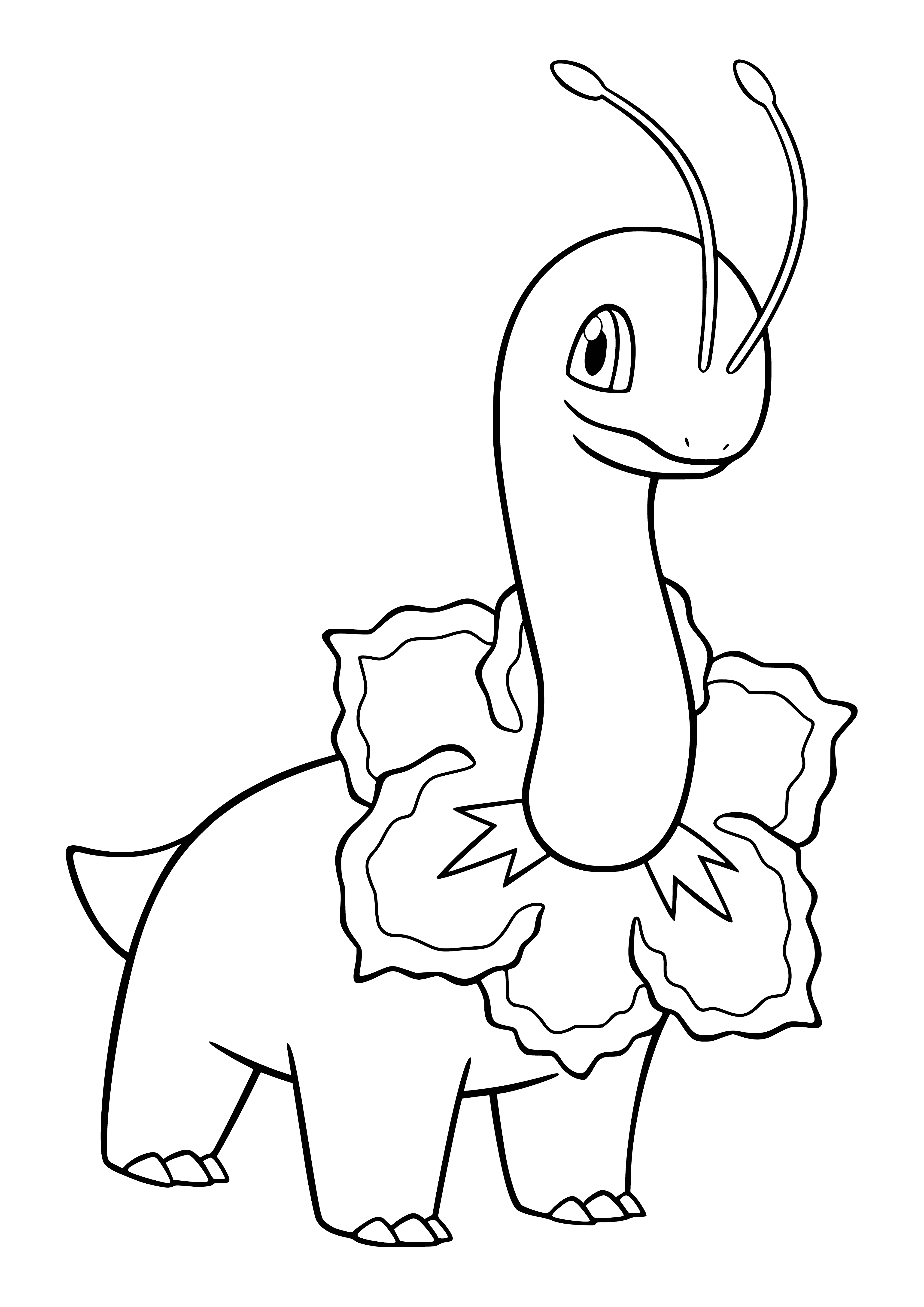 coloring page: Meganium is a big, green dinosaur-like Pokemon with a white belly, pink flower on its back, long neck & tail, & big blue eyes.