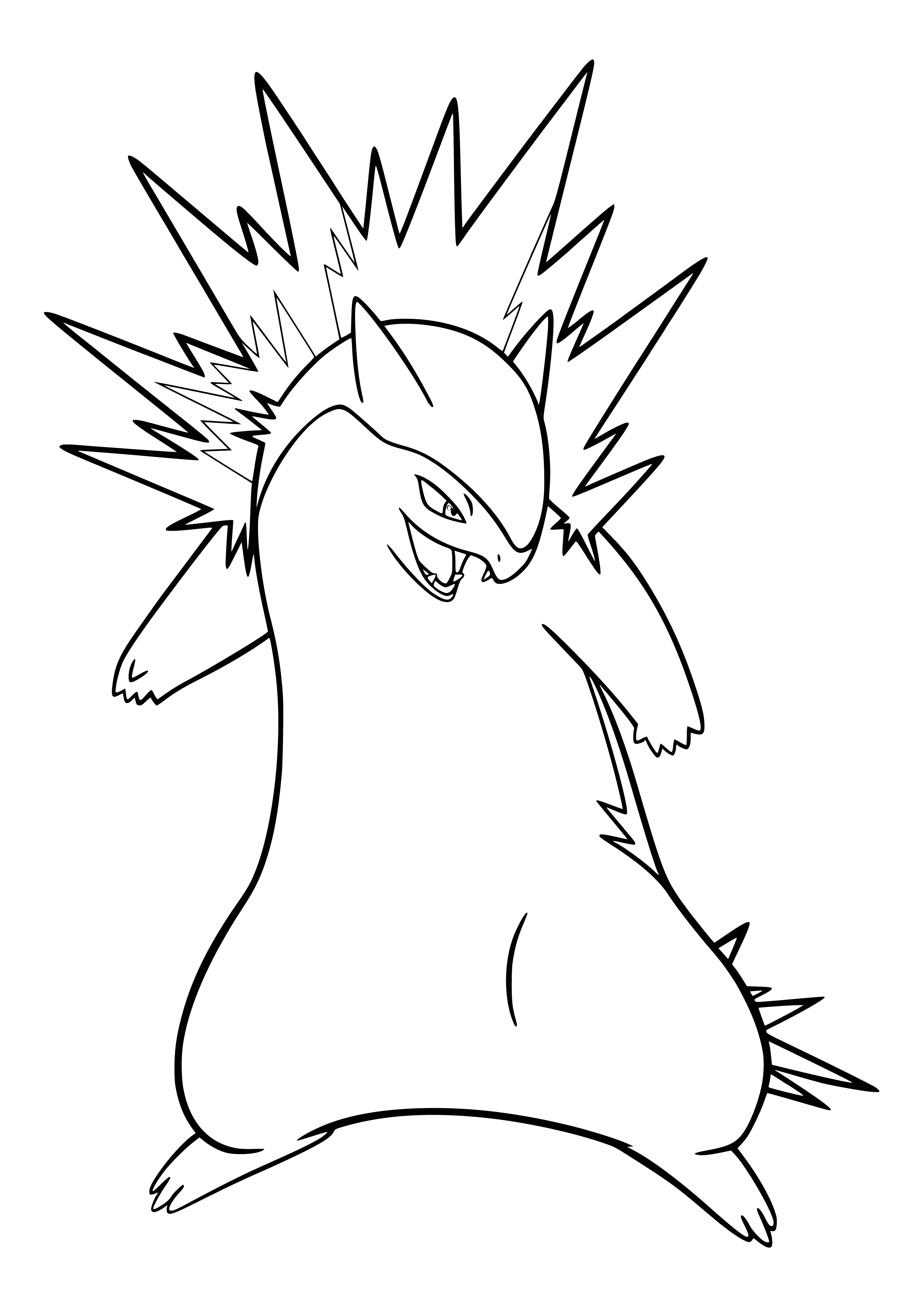 coloring page: Large, canine Pokémon with brown fur, red stripe, red ruff, red eyes and black paw pads. Has six red patches and an orange, spiny tail.