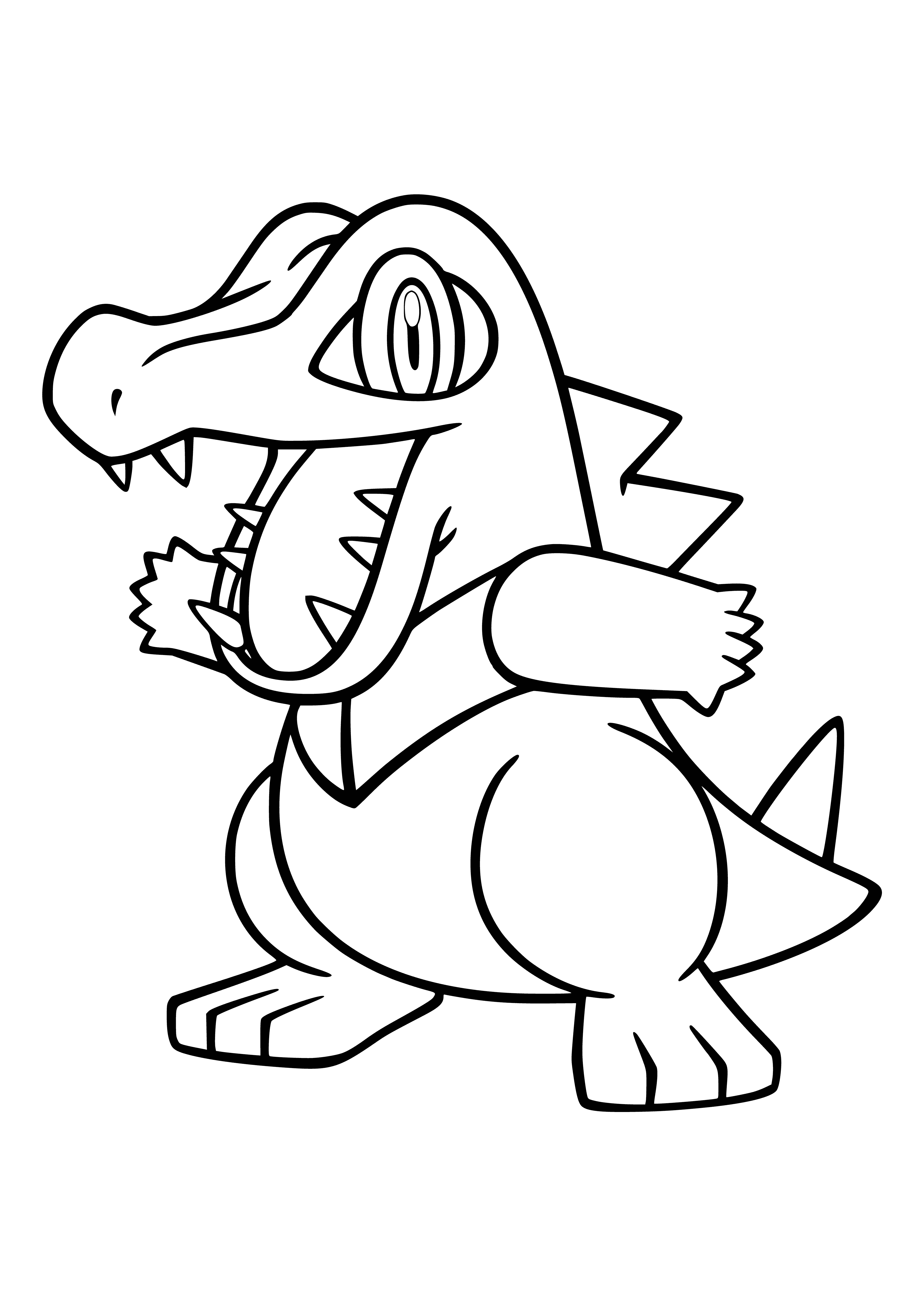 coloring page: A small blue crocodile Pokémon w/ sharp teeth, yellow eyes & red pupils, two horns, long thin tail & four short legs.
