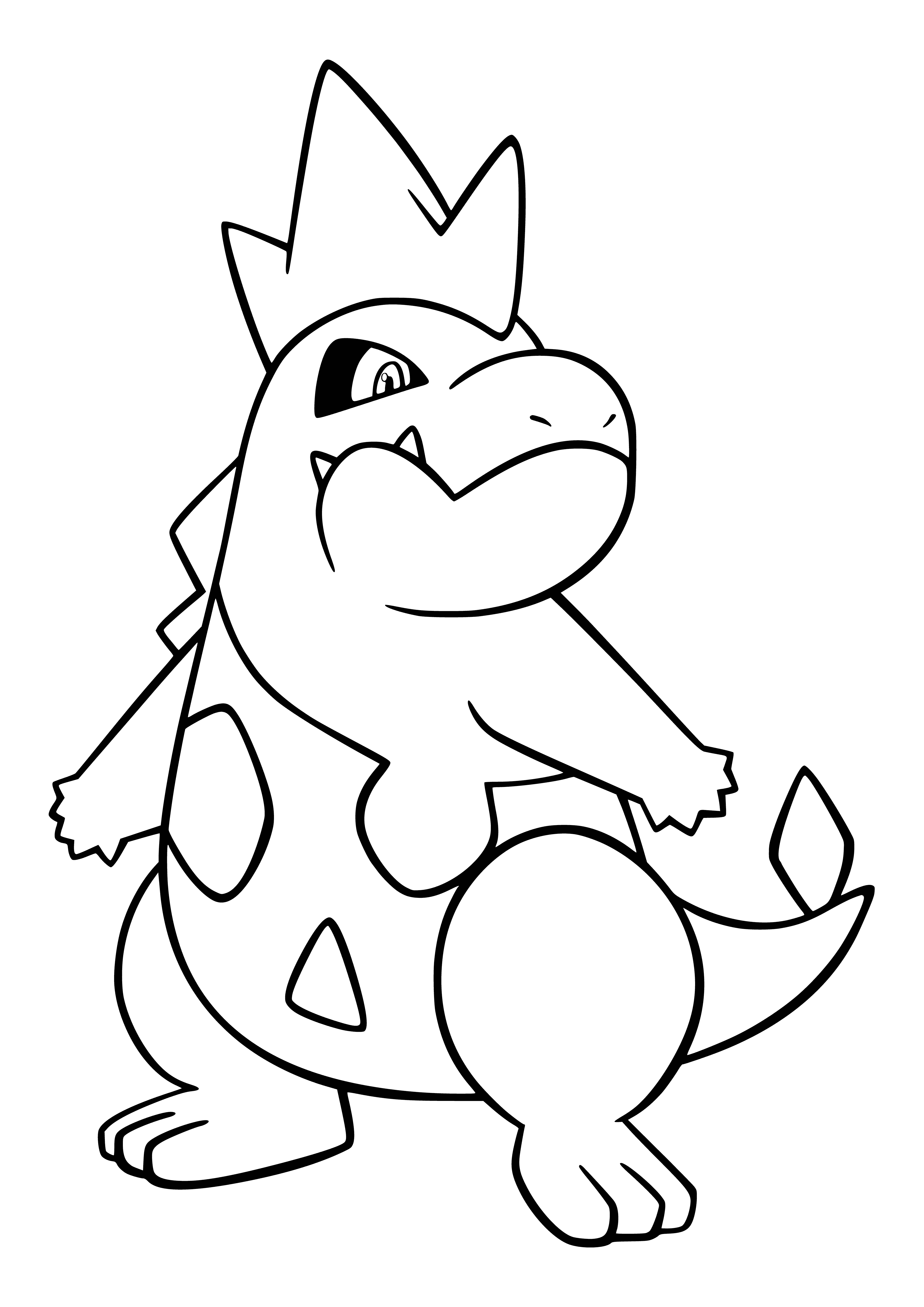 coloring page: Totodile evolves into a blue alligator-like Pokémon with 3 red spikes, white belly, red eyes, large teeth and long tail with a red tip.