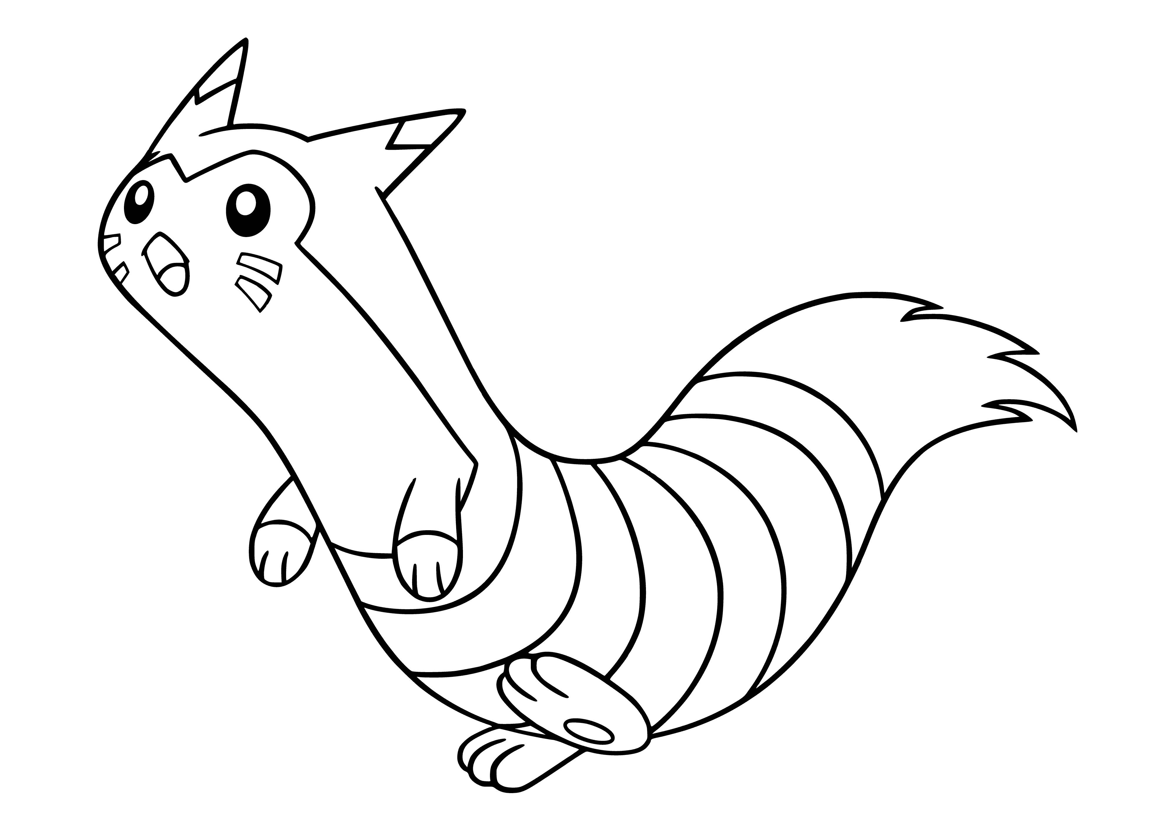 coloring page: Furret is a long, furry Pokemon w/ small head, long tail, cream belly, & 4 black toes on each foot.