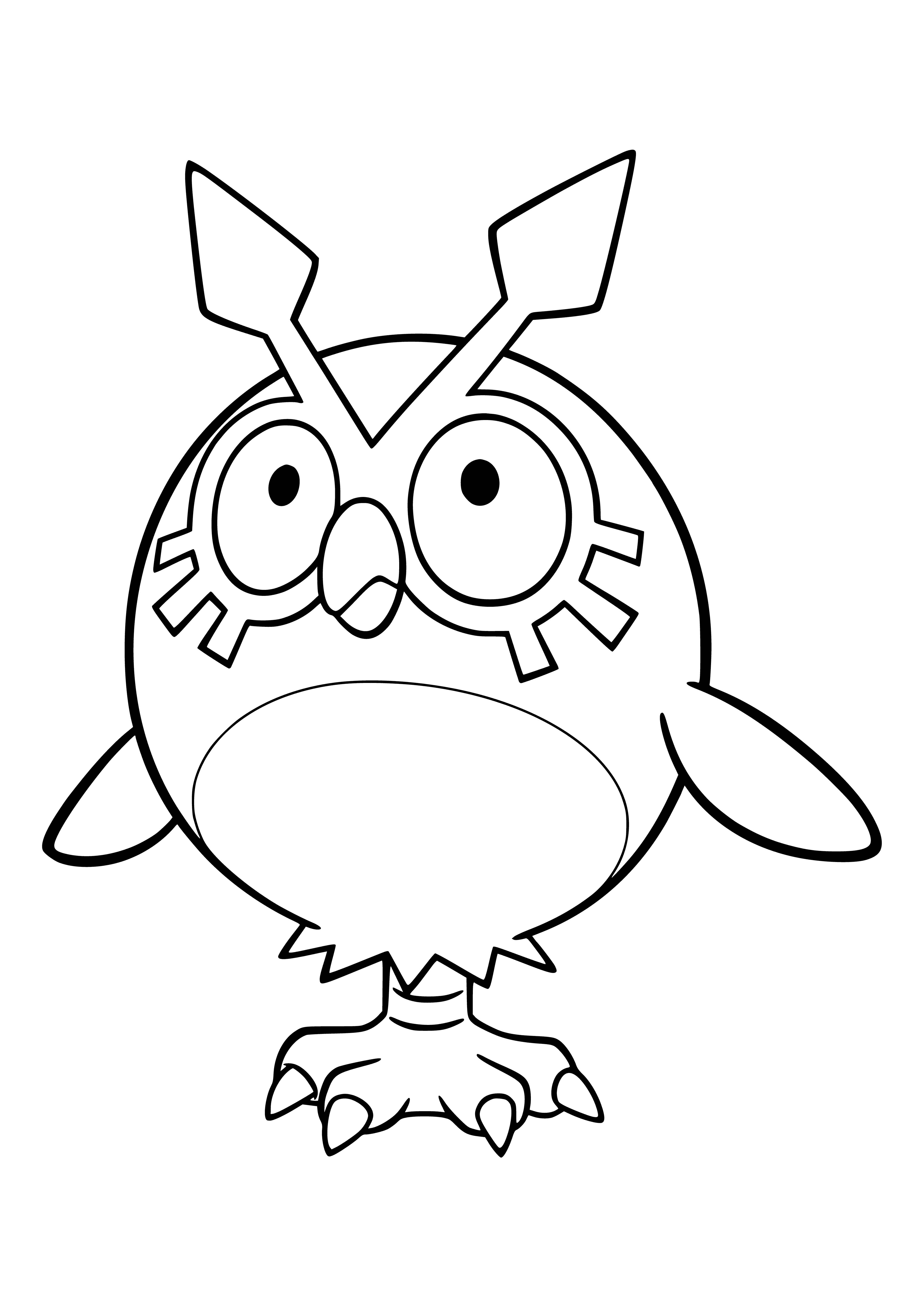 coloring page: Owl-like Pokémon w/ blue/brown feathers, small body, big head, large yellow eyes, 2 long black feathers, black beak & feet.