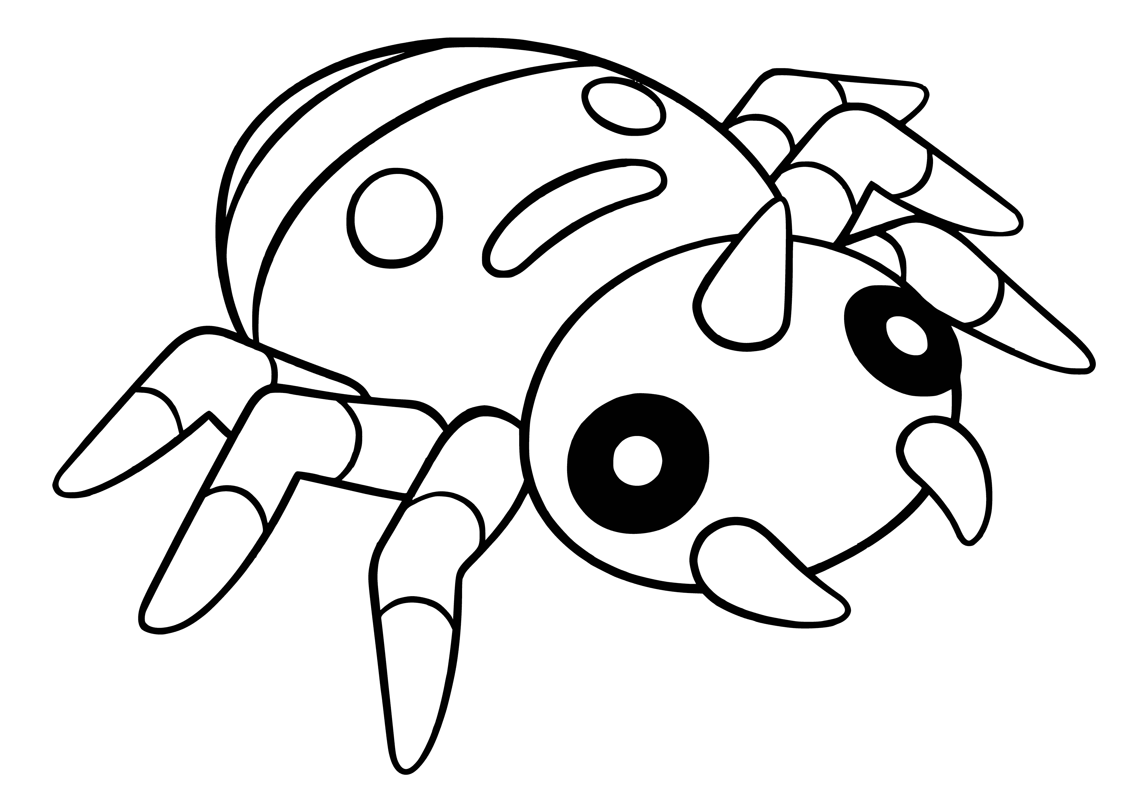 coloring page: This small black Pokemon with a red hourglass-shaped mark is Spinarak, evolving into Ariados at level 22. It has four thin legs, large eyes, and a small mouth with two fangs.