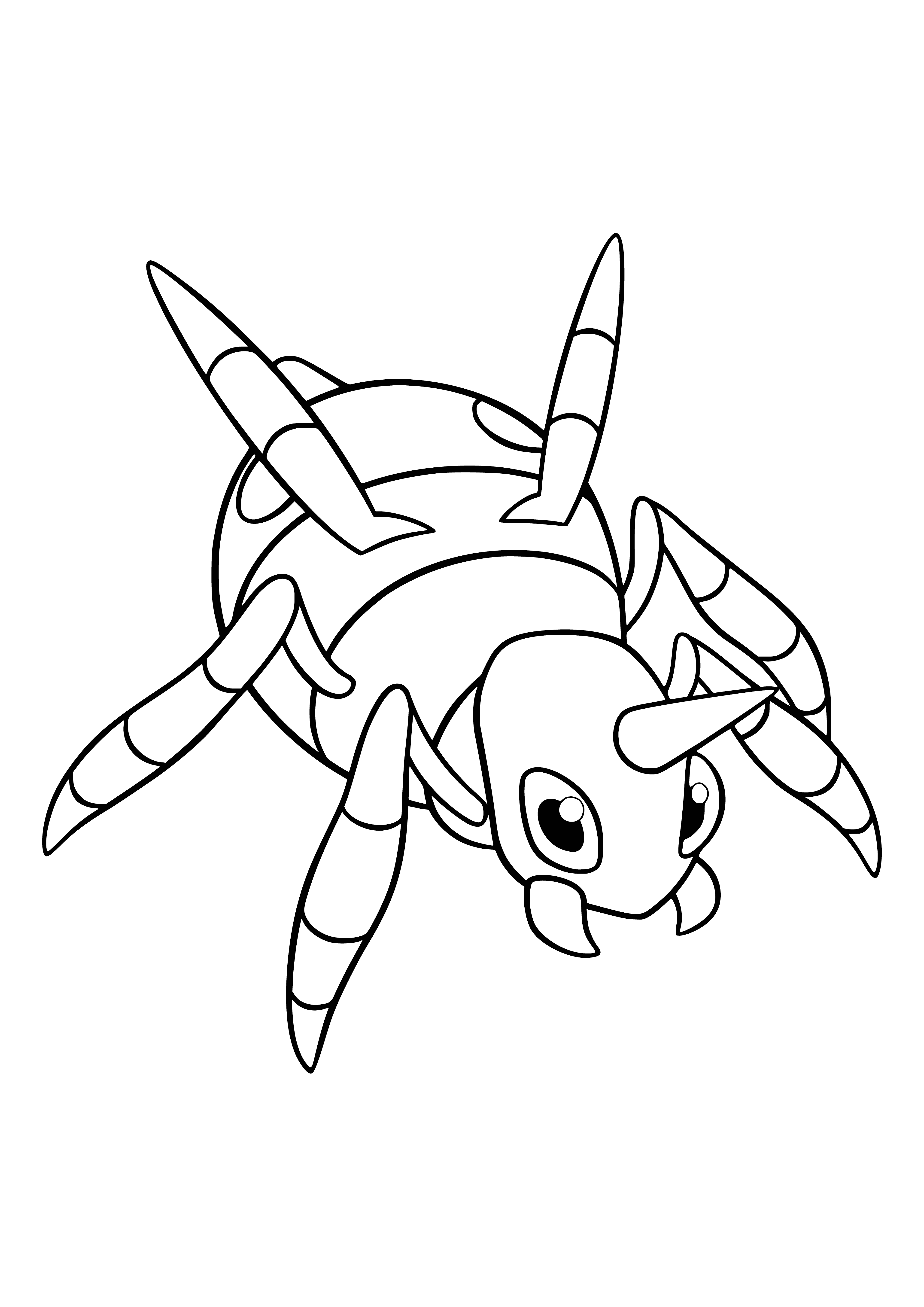 coloring page: 140 characters: Ariados is a bug Pokémon with eight eyes, a striped red-brown body, black pincers and a white-striped black tail.