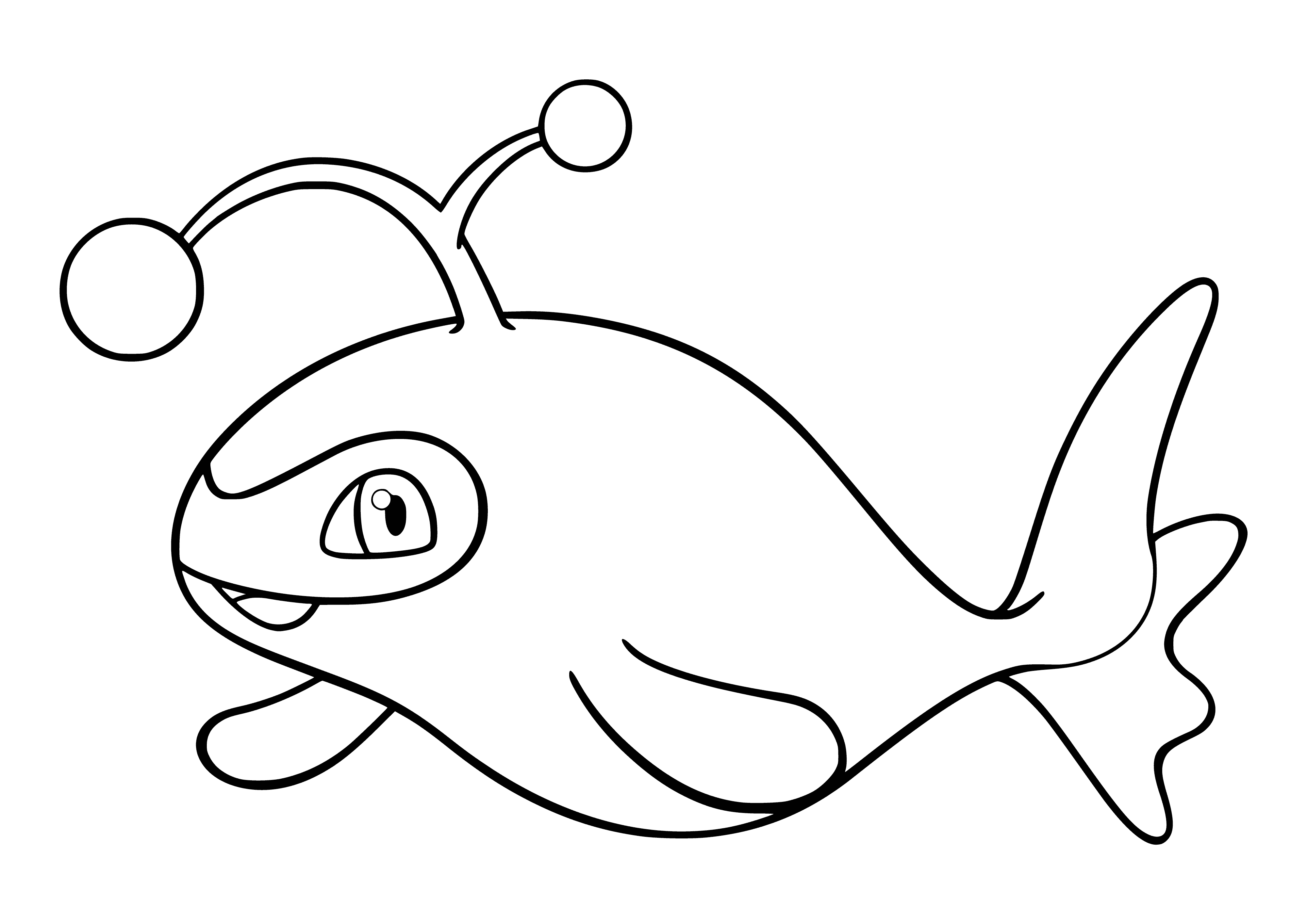 coloring page: Lanturn is a shy Pokémon resembling an anglerfish, blue & yellow, with sharp small teeth and 2 long orange fins & tail. Rarely seen alone.