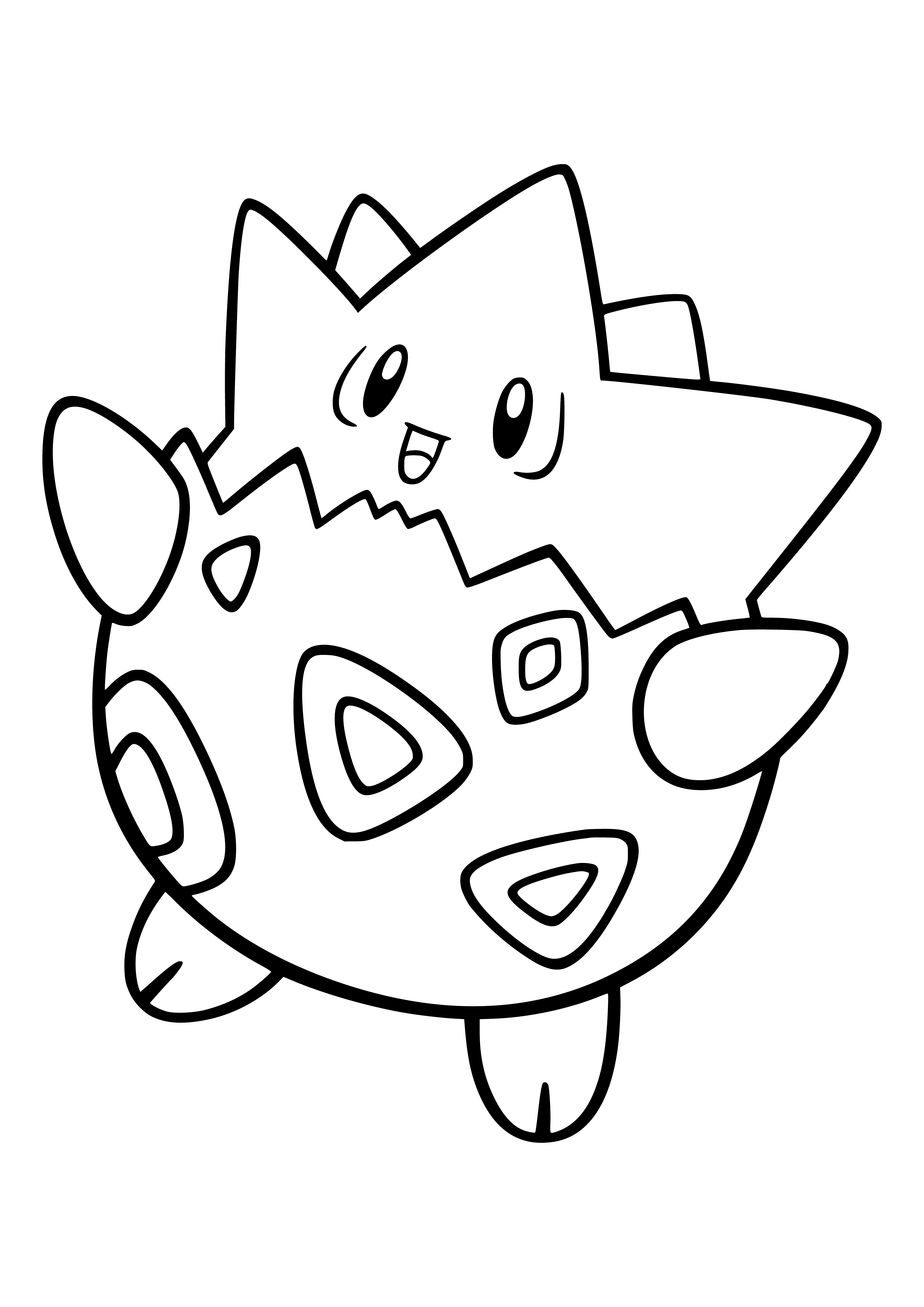 coloring page: Small, round, blue with red spots, large eyes and crest; Togepi has stubby arms/legs and small mouth.