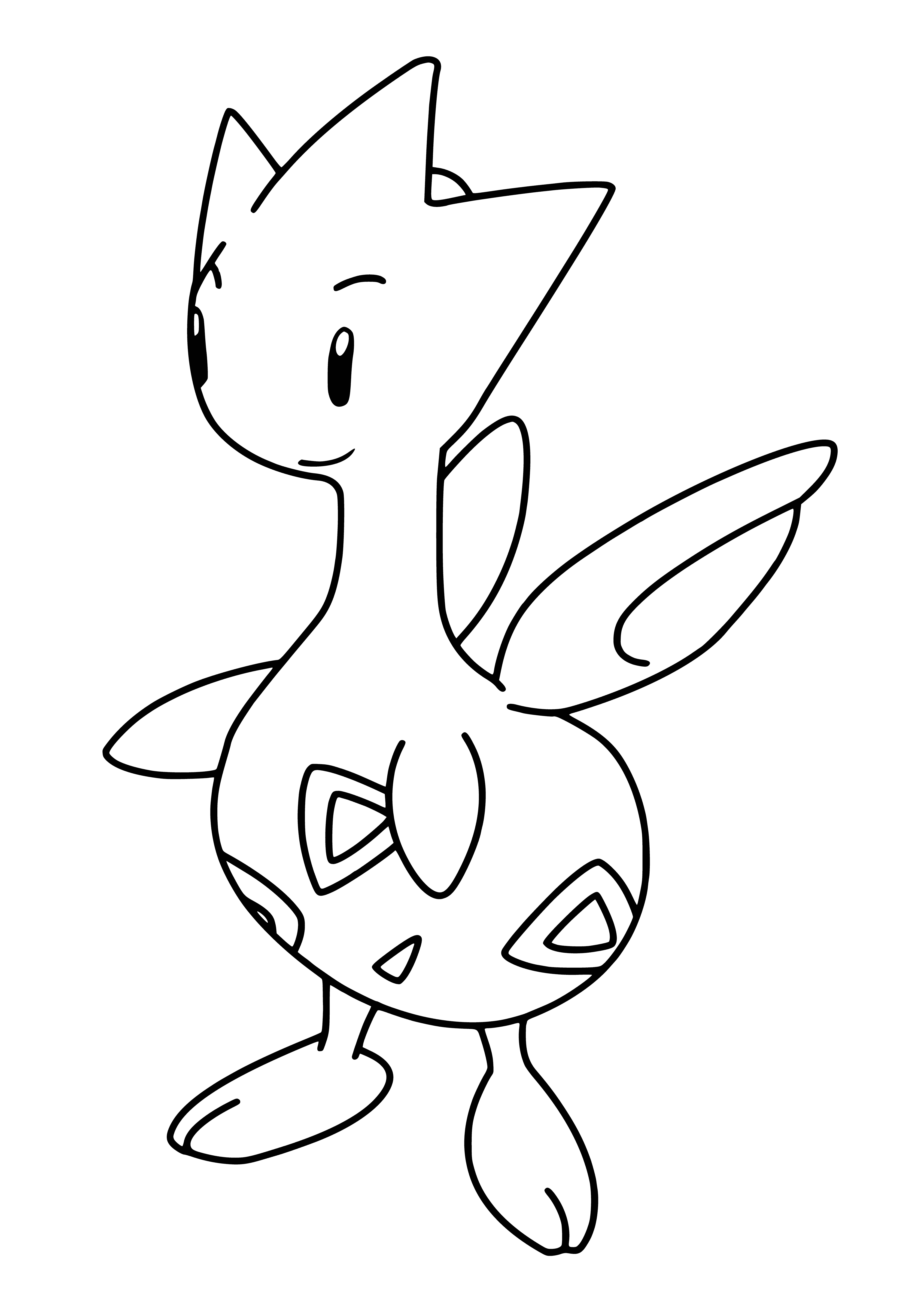 coloring page: Small, white, fairy-like Pokemon with black head, eyes, beak, wings & tail. Red gem on forehead.