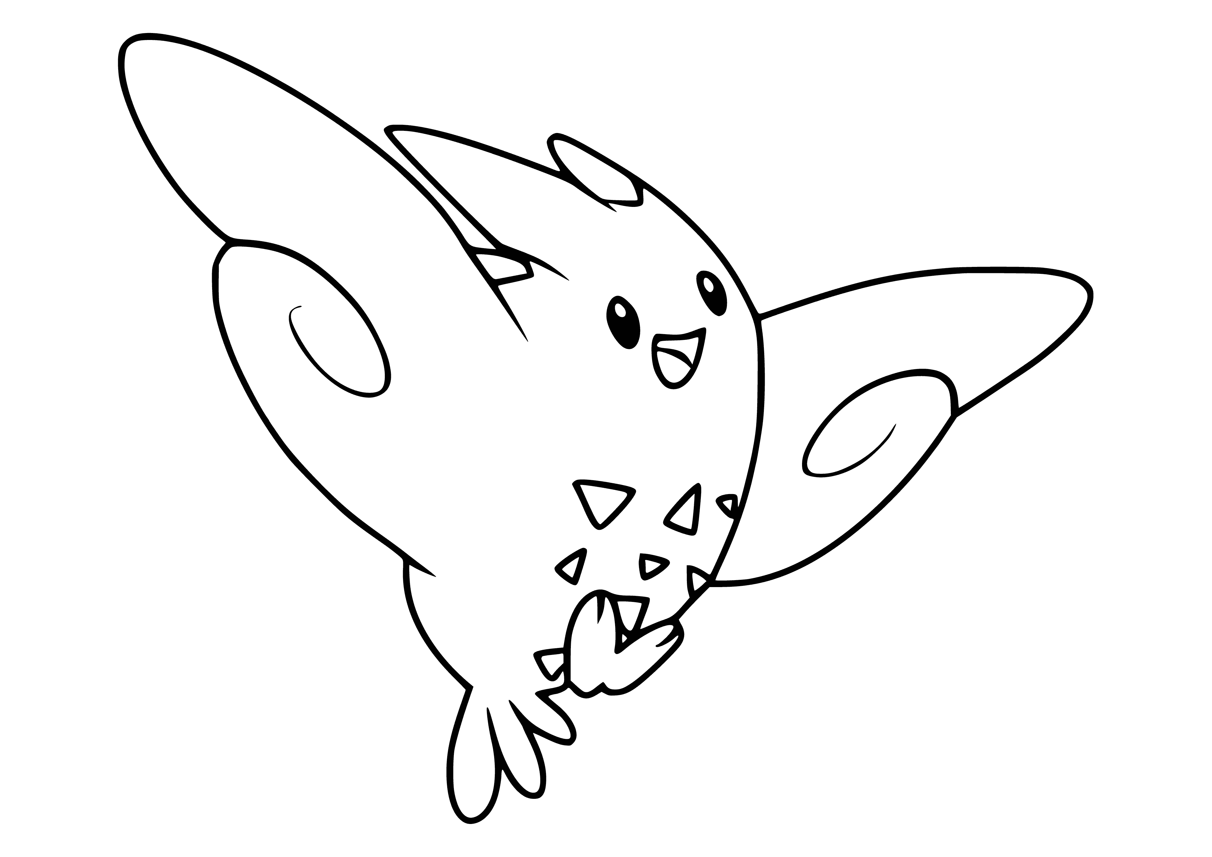 coloring page: A pacifist Togekiss: large avian Pokémon with white feathers, pink beak & feet, blue wings & long thin tail, & with a love of peace.