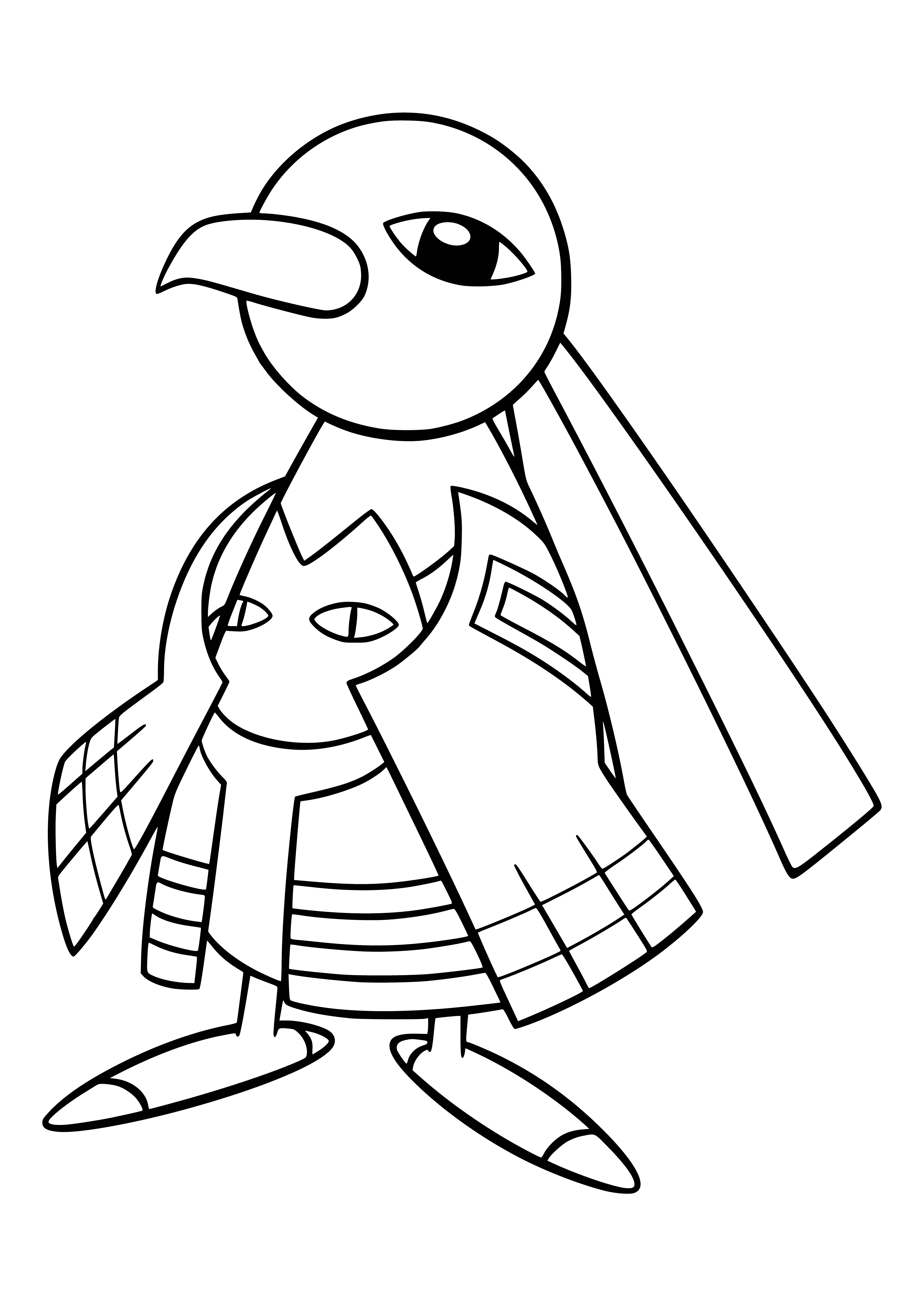 coloring page: Ksatu is a flying Pokemon with black body, white head/tail, red crest/eyes, two black wings w/ white spots and black beak/feet.