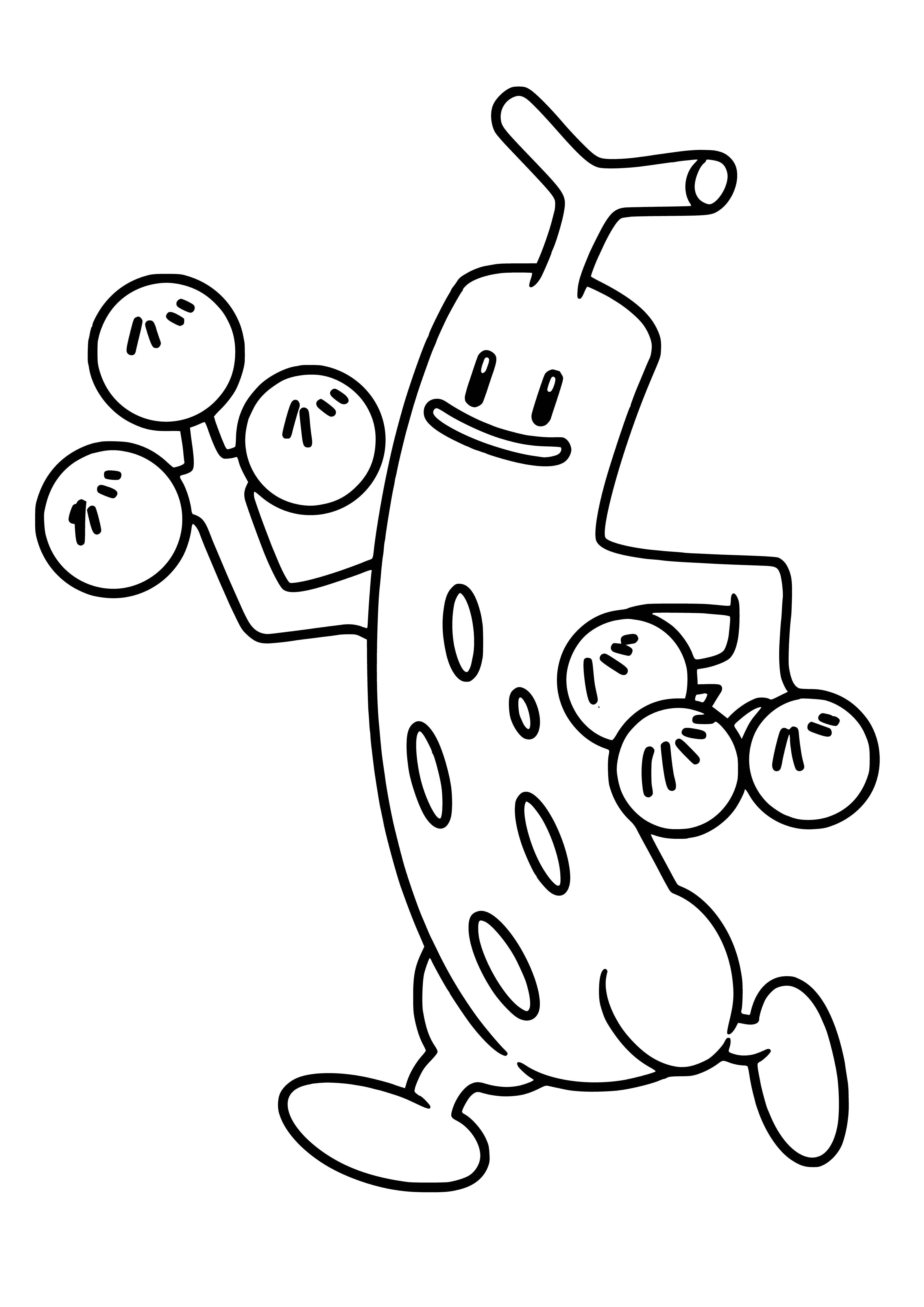 coloring page: Rock-type Pokemon Sudowudo evolves from Bonsly; small, brown with large bulbous head and two large blue eyes. Hands and feet small and stubby.