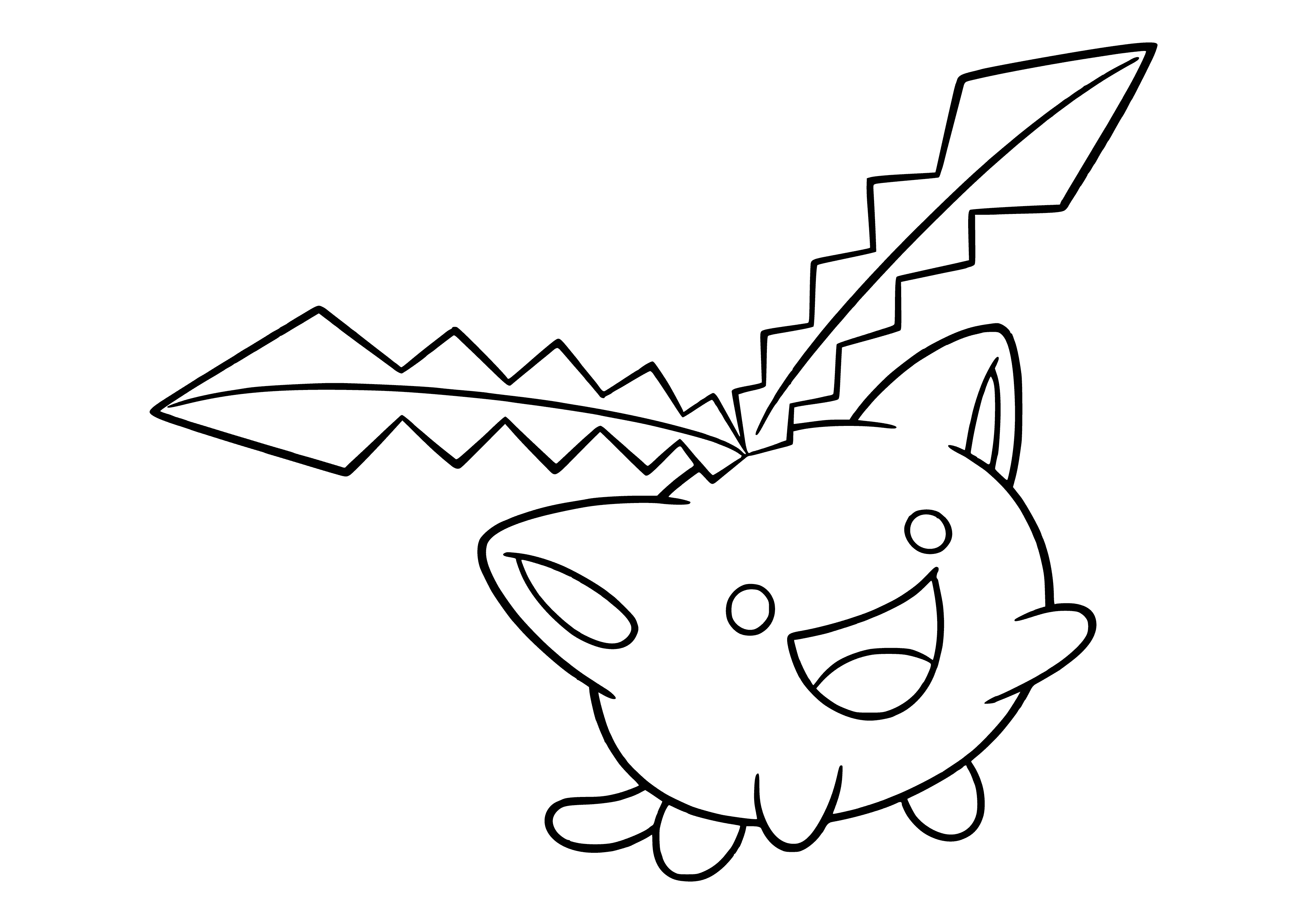 coloring page: This is a coloring page of Hoppip, a small, pink pokemon with four limbs & four leaves atop its head. It has a white cocoon, showing it's evolving.