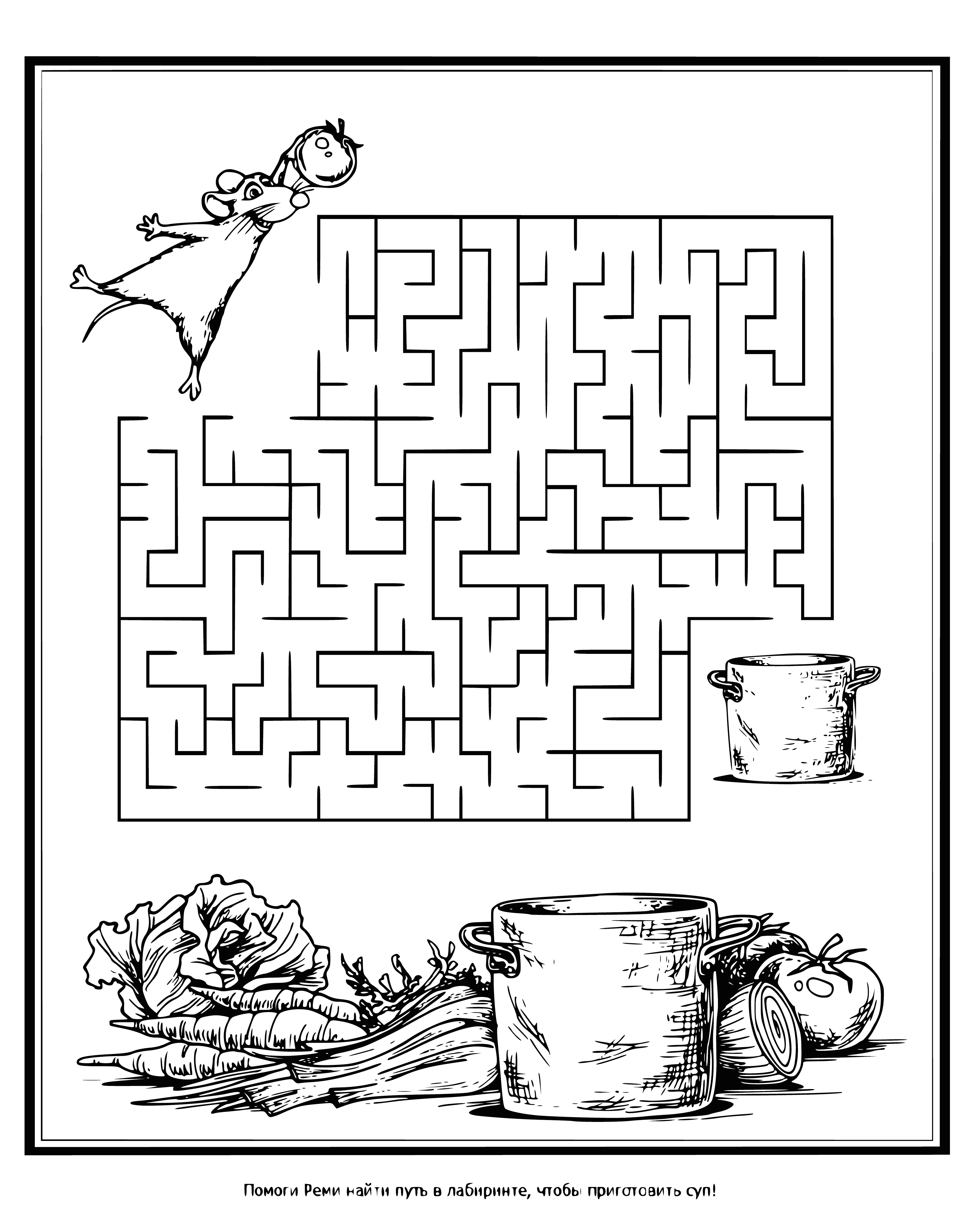 coloring page: Remy, Linguini, and Skinner look concerned around a big dark maze with no exits.
