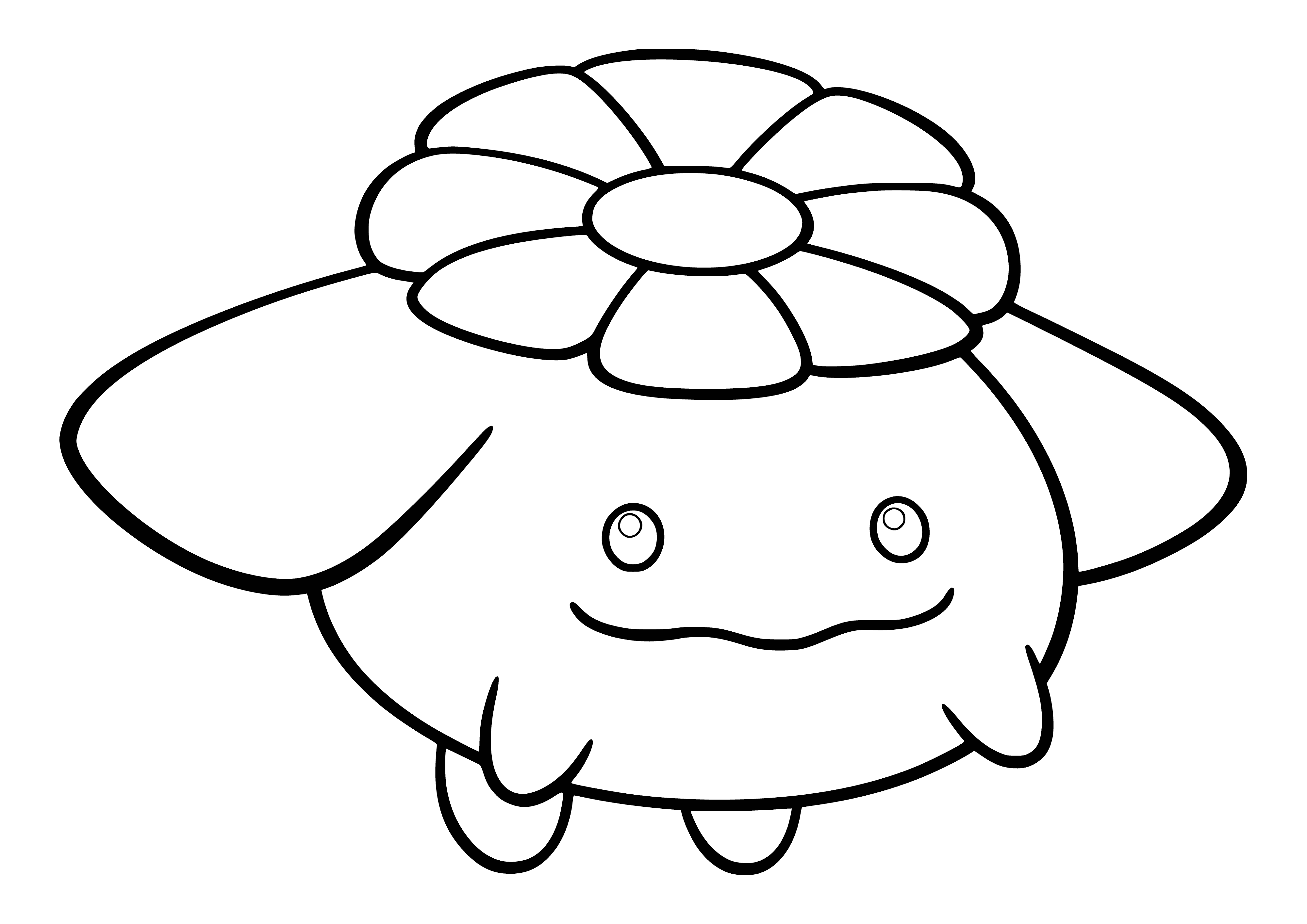 coloring page: A small, round, blue Pokémon with big eyes, white fur and a long, black tail tipped with fur.