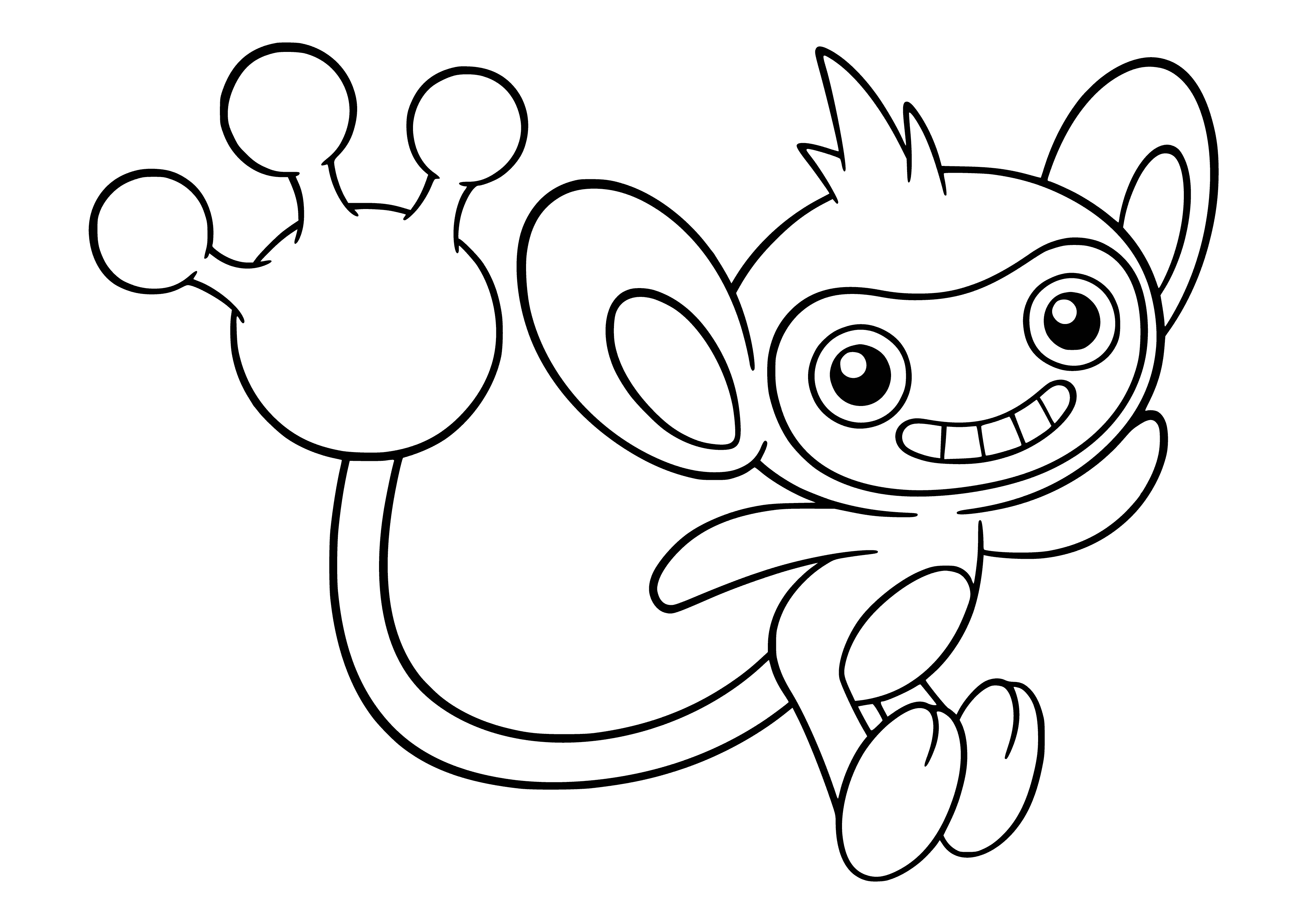 coloring page: Aipom is a brown, monkey-like Pokémon w/ a round body, thin curled tail, big ears, & 3-fingered paws. Has red stripes on its back.