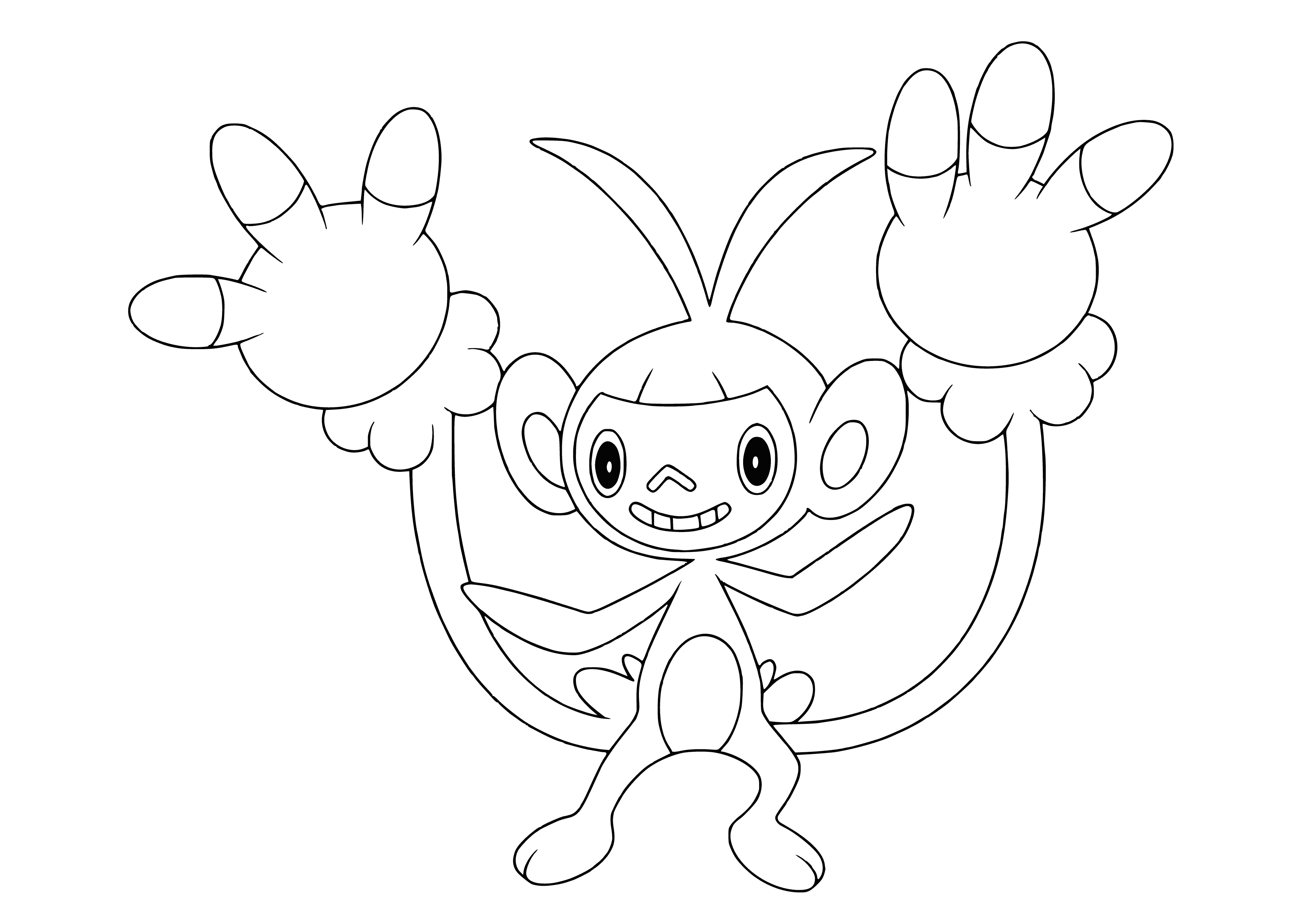 coloring page: Ambipom: Reddish-brown monkey Pokémon with large ears, small nose, furry tufts, 3 digits on hands/feet, prehensile tail tipped by blue bead. E. from Aipom with Sinnoh Stone.