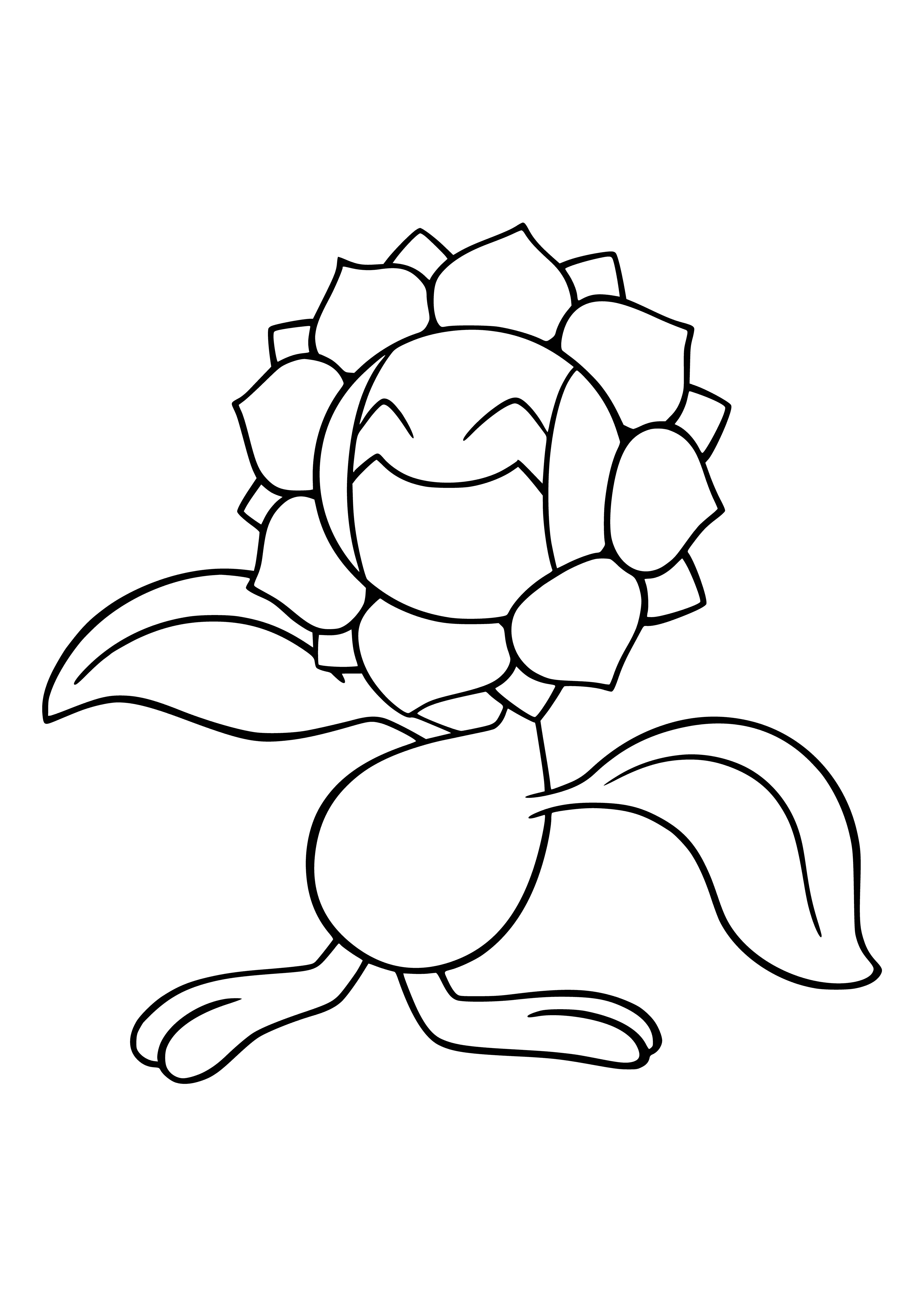 coloring page: Yellow bipedal Pokemon w/ small head, black-striped face/arms/body/tail, two leaves on back, black-striped 3-toed feet. Black eyes, mouth, & dots on each arm.