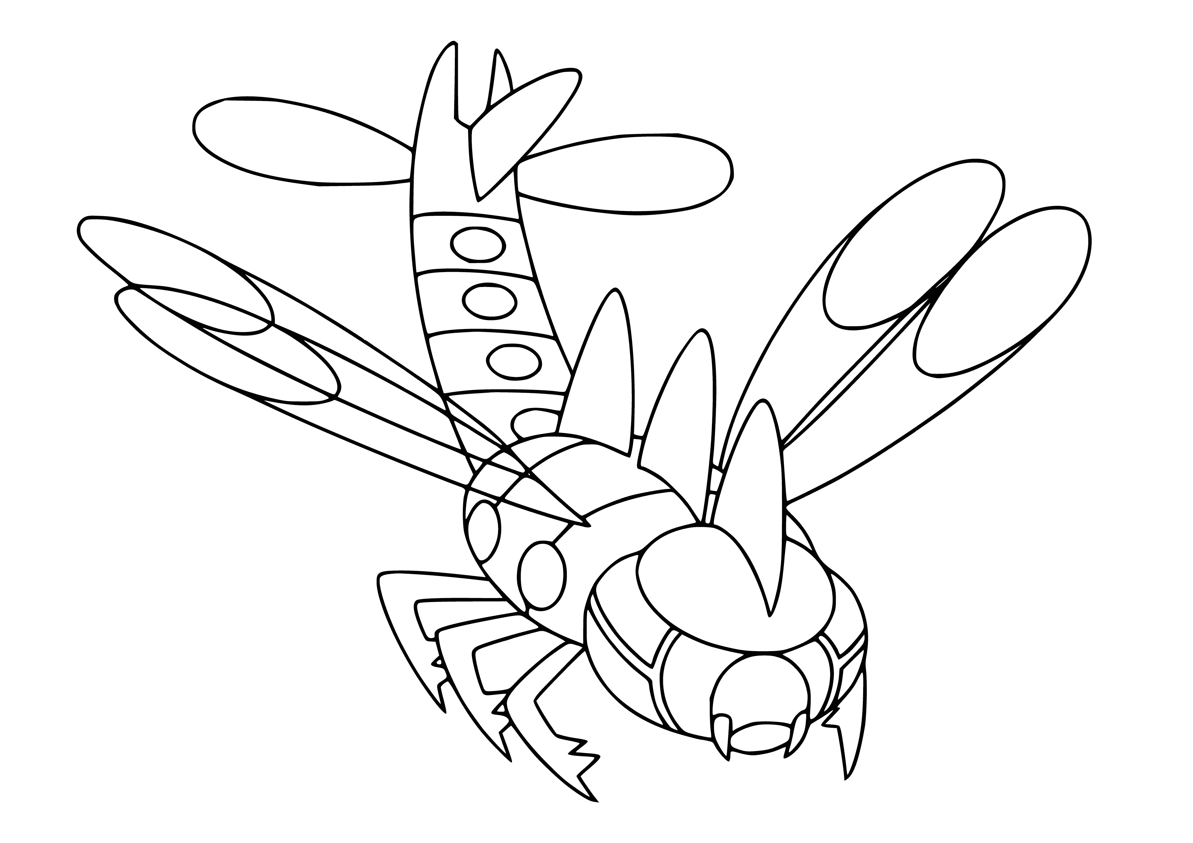 coloring page: Large, hawk-like Pokemon with dark blue body, white underbelly, 4 wings, large yellow eyes, and 2 long antennas.