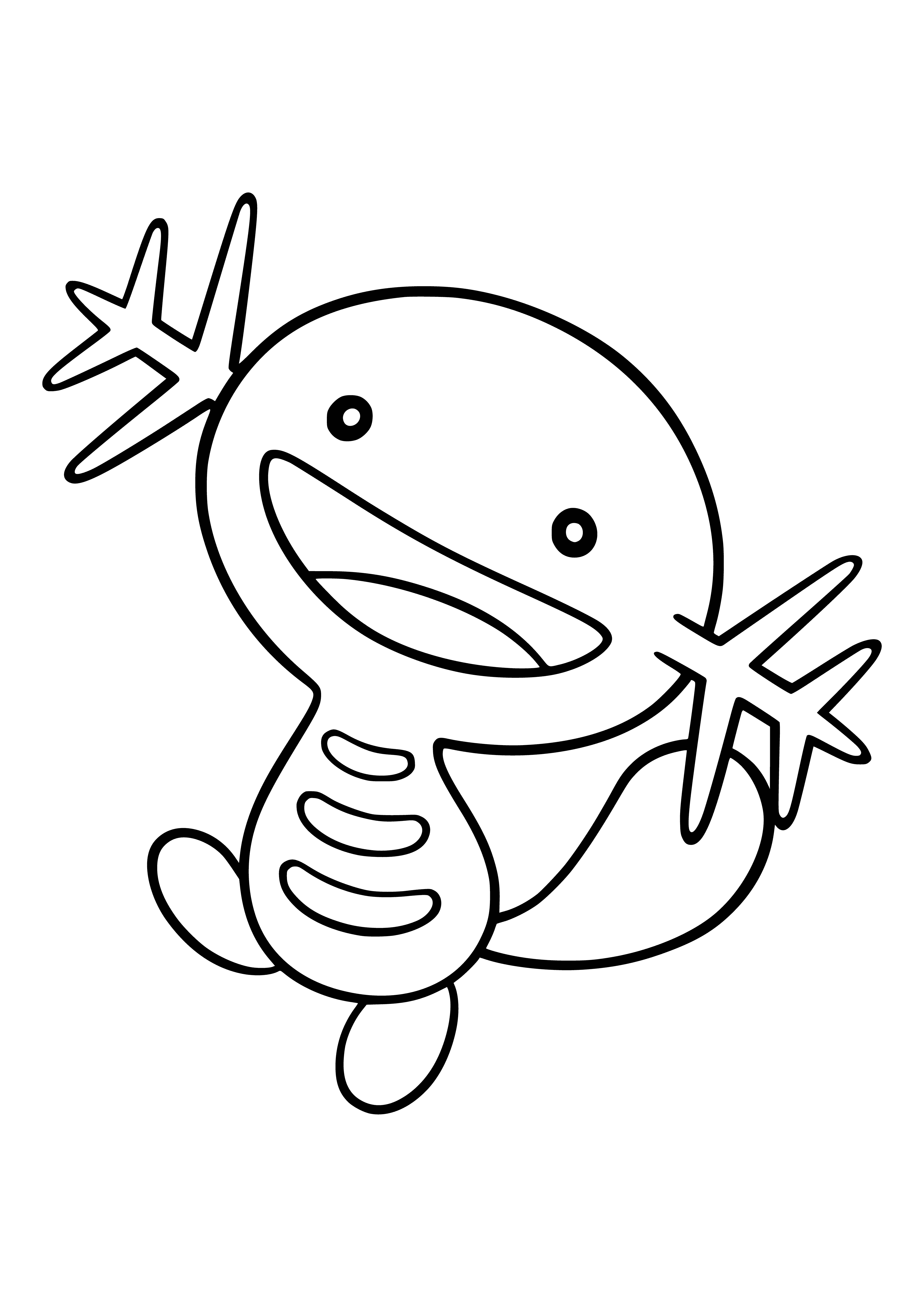 coloring page: Frog-like Pokémon w/white/black stripe, bulbous eyes, small front legs, webbed hind legs, long tail.