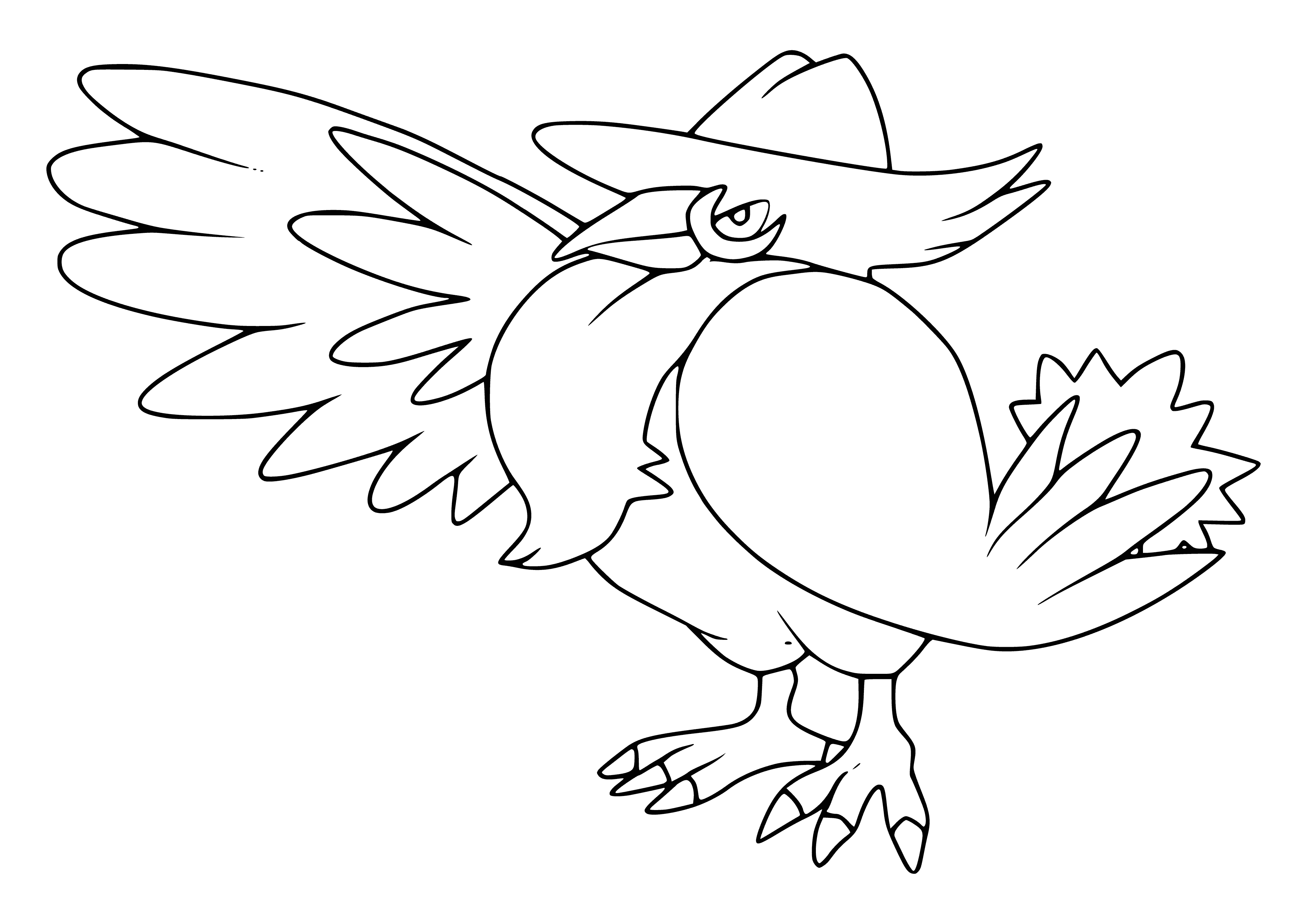 coloring page: Large black bird Pokémon with purple accents, long hooked beak, red eyes, and V-shaped mark on chest. Small wings and long black tail feathers.