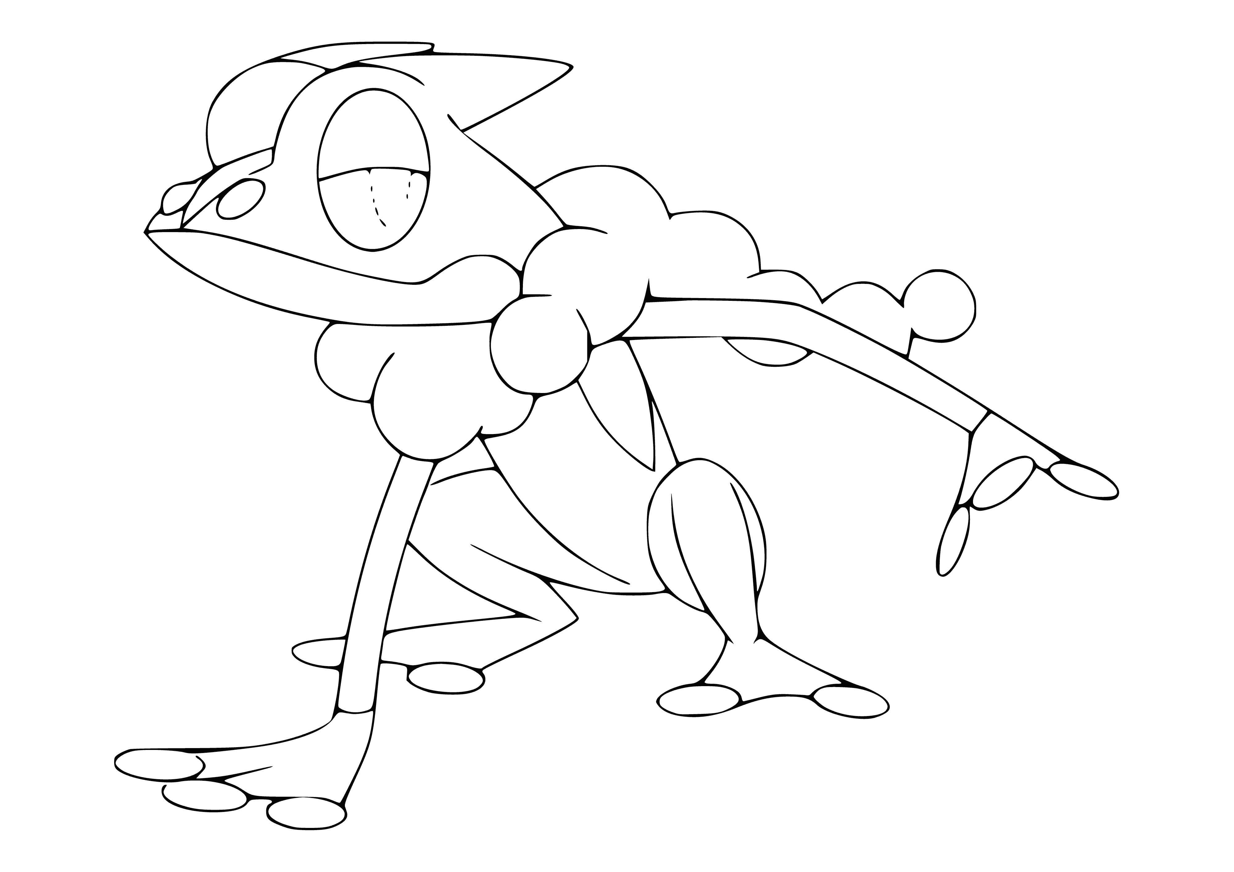 coloring page: Small, squat frog Pokemon with blue body & reddish-brown spots. Has large, webbed hands & feet & cream-colored belly. Has yellow eyes & thin appendages on top of head.