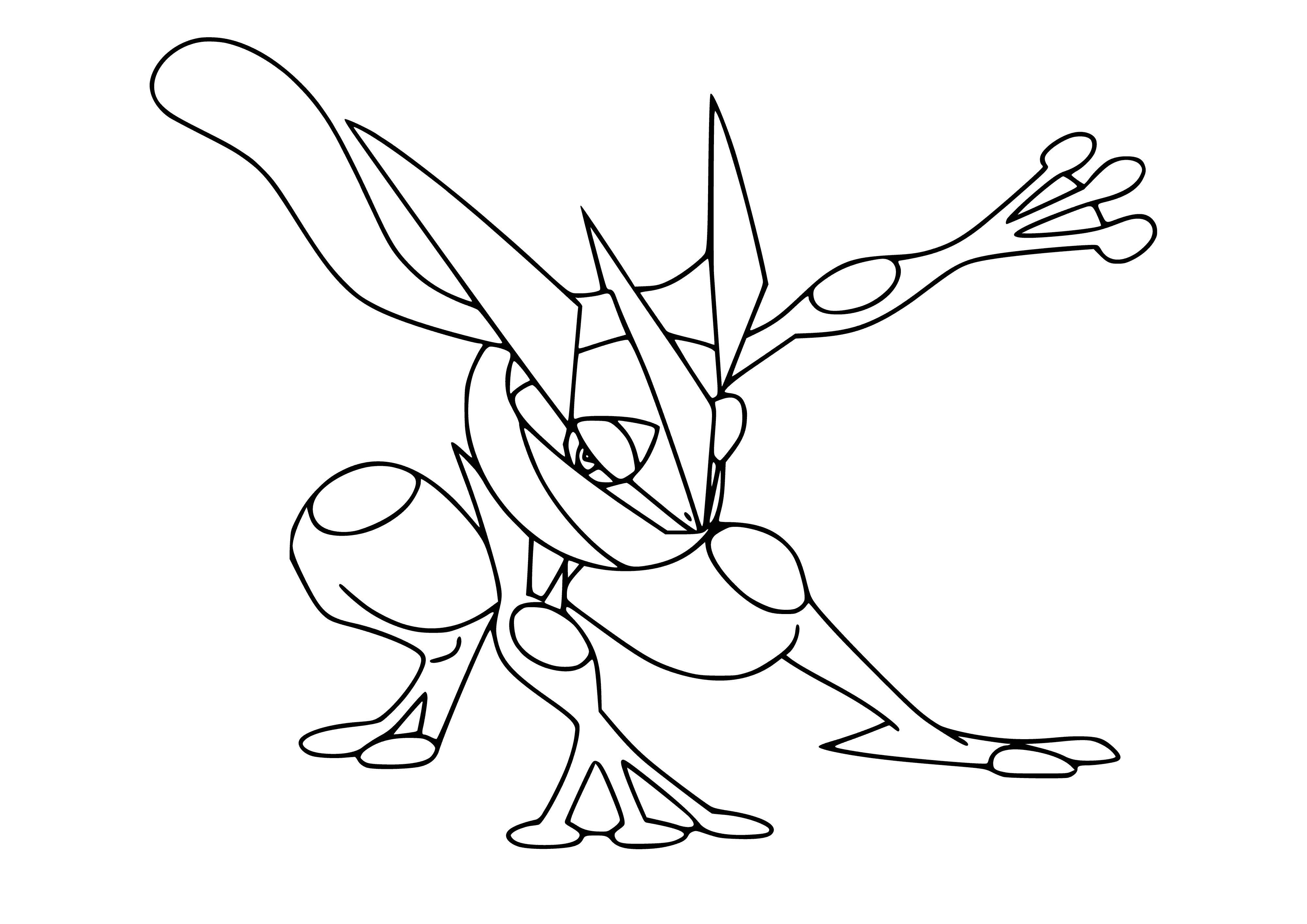 coloring page: Greninja is a fast and agile water/dark type Pokemon that can jump high, run fast and shoot water like a jet. It can also spin to create whirlpools.