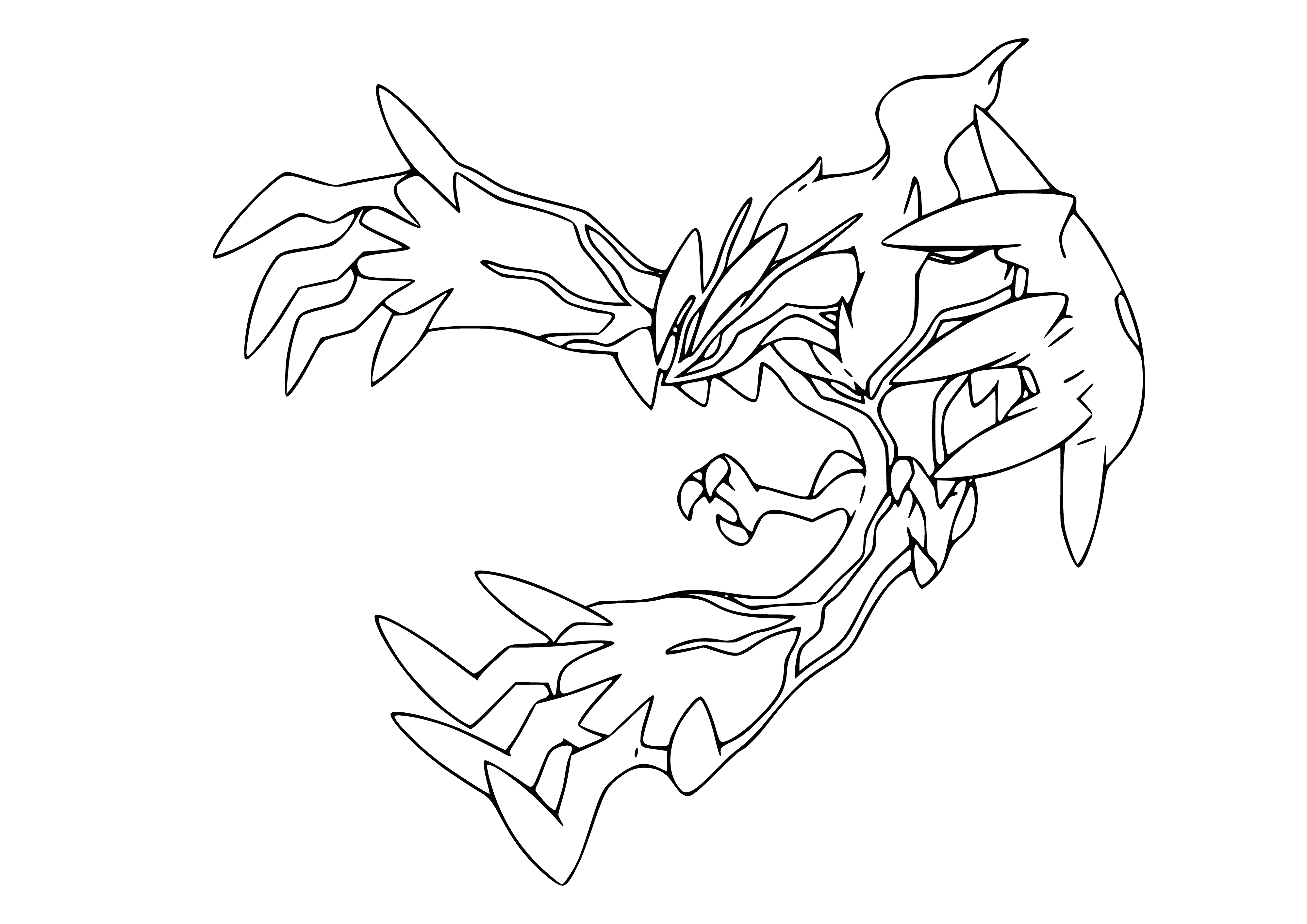 coloring page: A large, dark Pokémon with rounded wings, a long tail, red eyes, a beak-like mouth, and talons.
