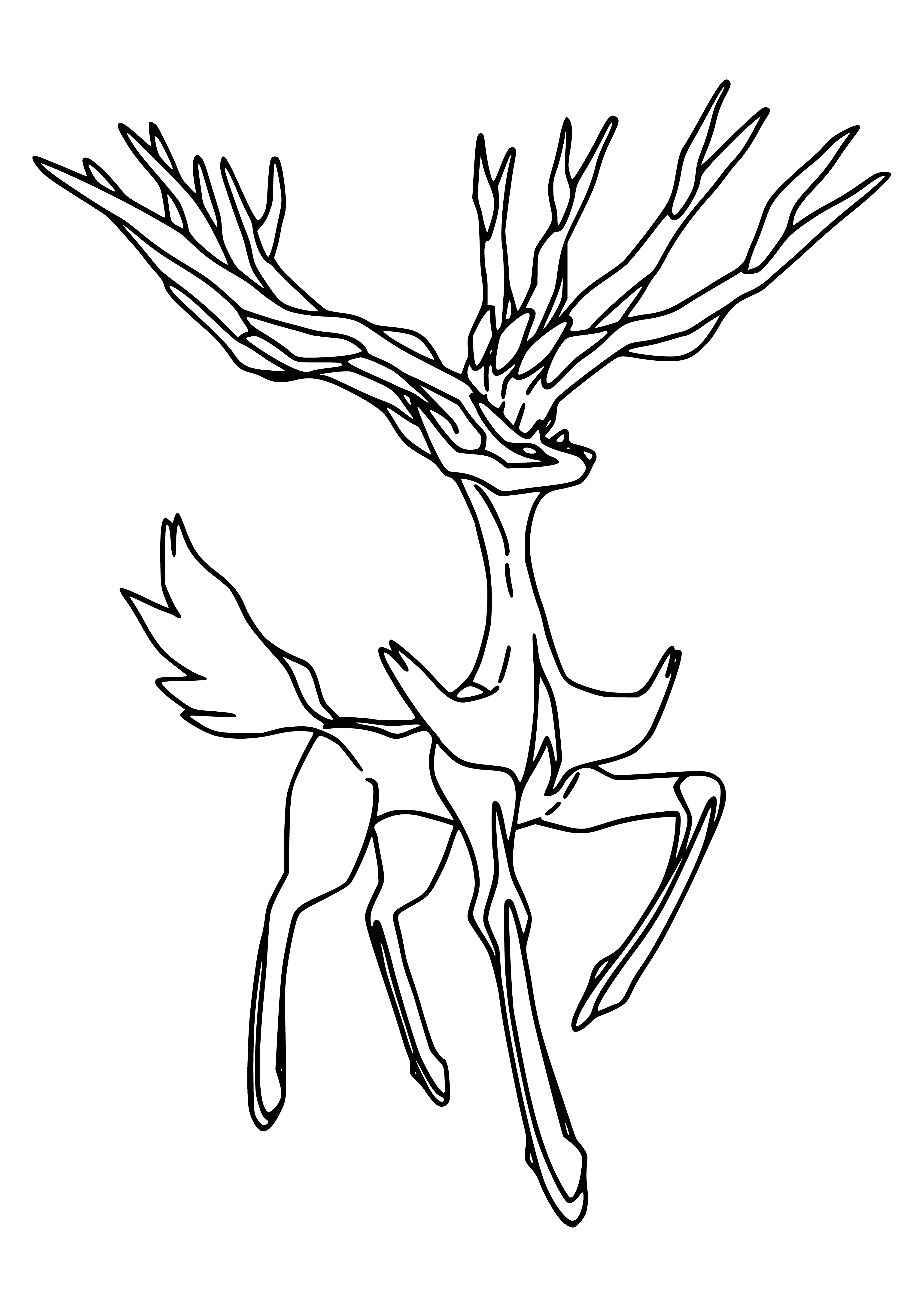 coloring page: Legendary Fairy-type Pokémon Xerneas is known as the Life Pokémon; resembles a white deer w/ a black horn, long neck, 4 hooves, & blue tail w/ yellow star.
