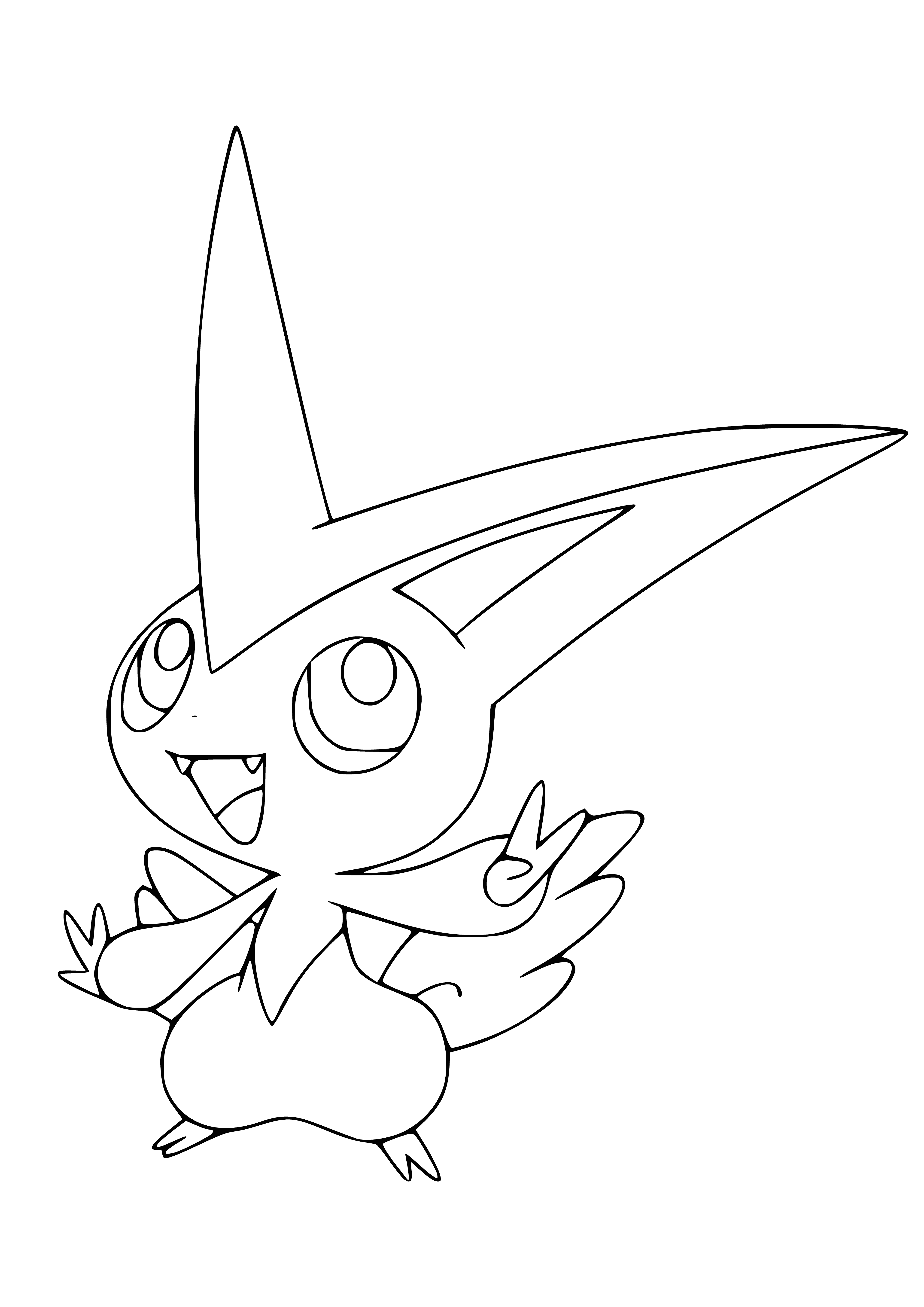 coloring page: Small, rabbit-like Pokémon with large, red fur tufts, bright blue eyes, yellow body and small, black wings and stubby tail.