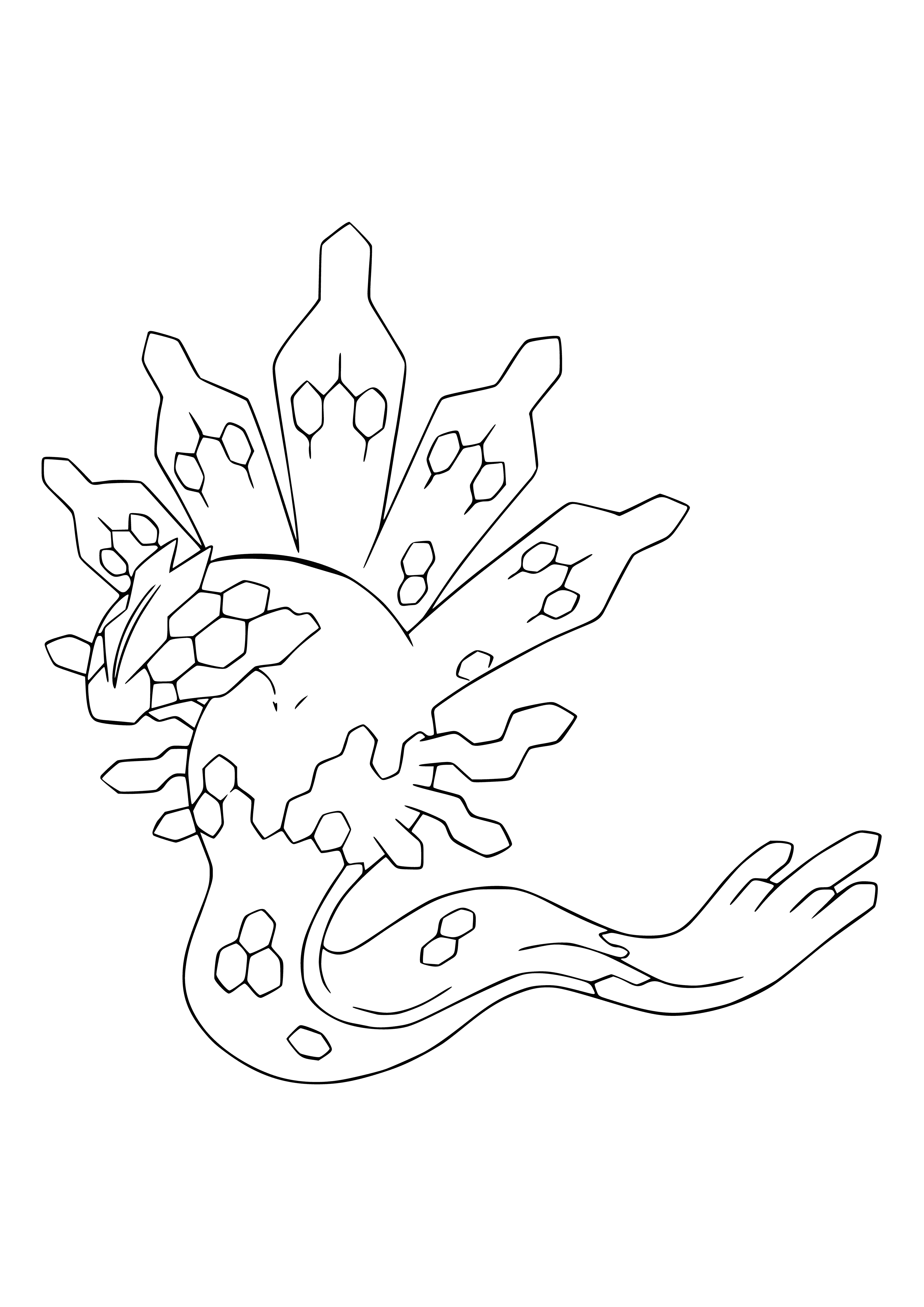 coloring page: Large, lizard-like Pokemon Zygarde has green/black body, yellow underside, long tail, large head w/ red eyes, 2 large black horns.