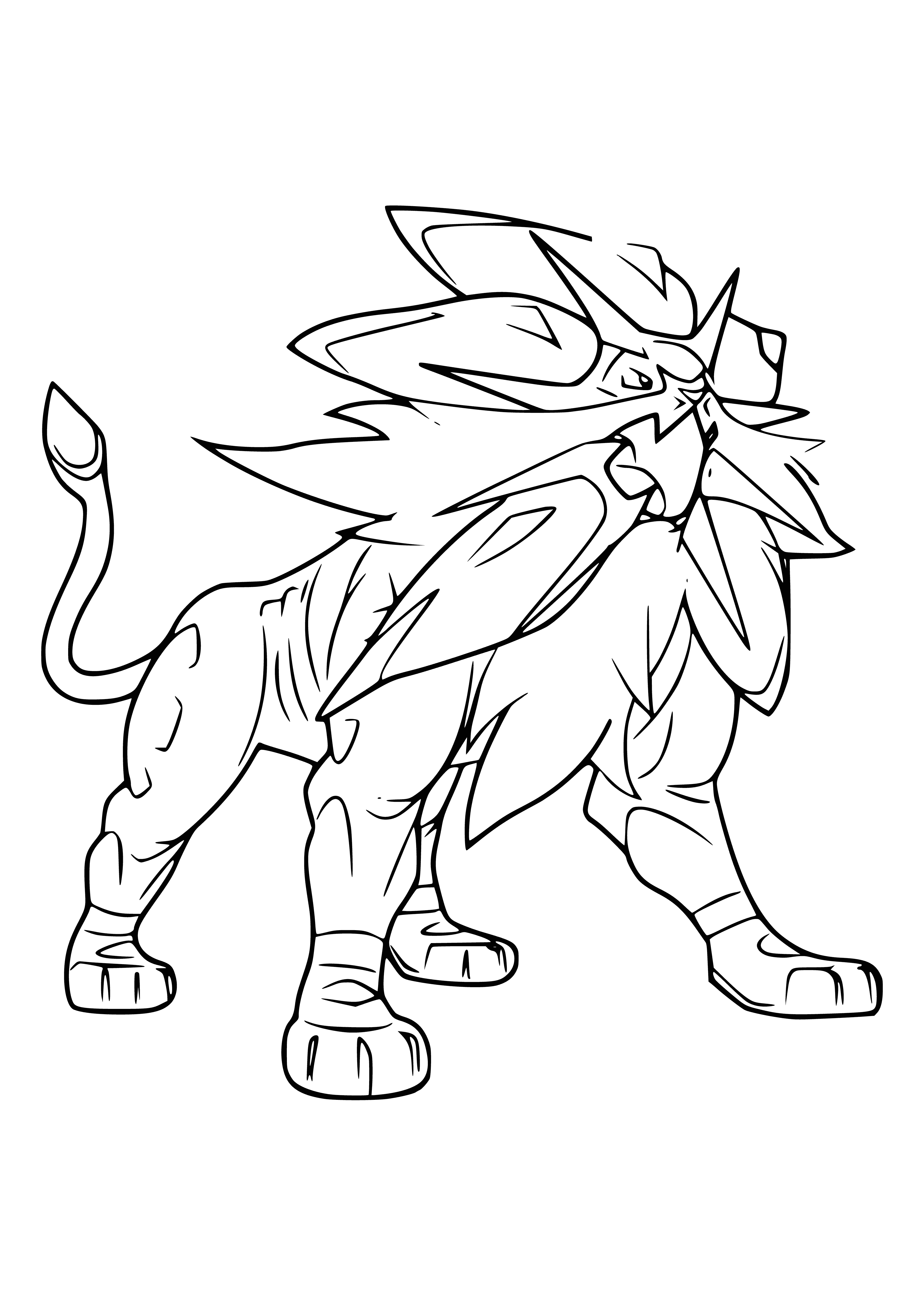coloring page: A majestic lion-like Pokémon with golden fur, mane and large wings, and a bright red gem. Its tail whips powerfully, said to be created by Solgaleo and Lunala. #Pokémon #Alola