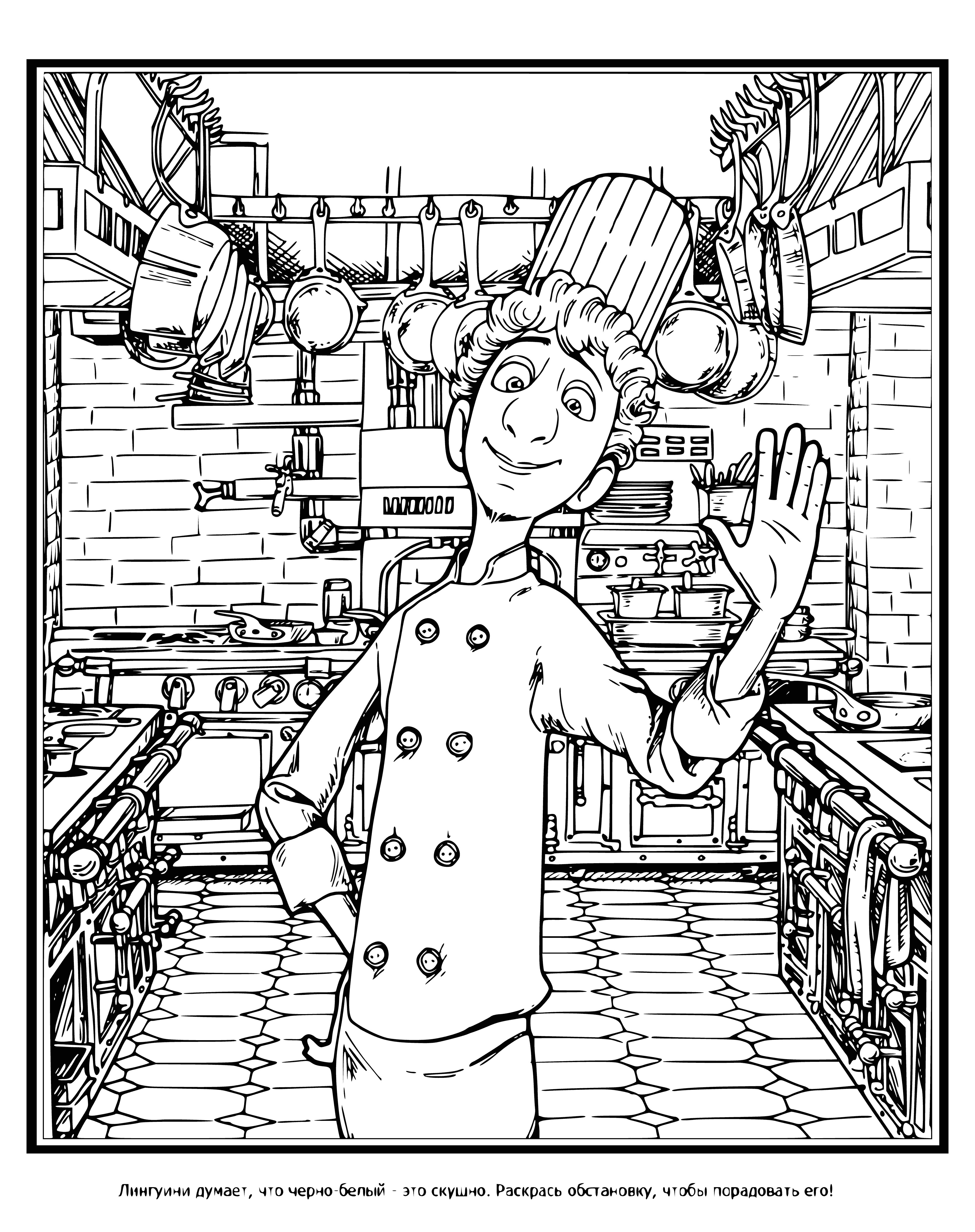 coloring page: Chef Linguini is a master in the kitchen, whipping up tasty dishes in his Paris restaurant and sending up a mouth-watering aroma.