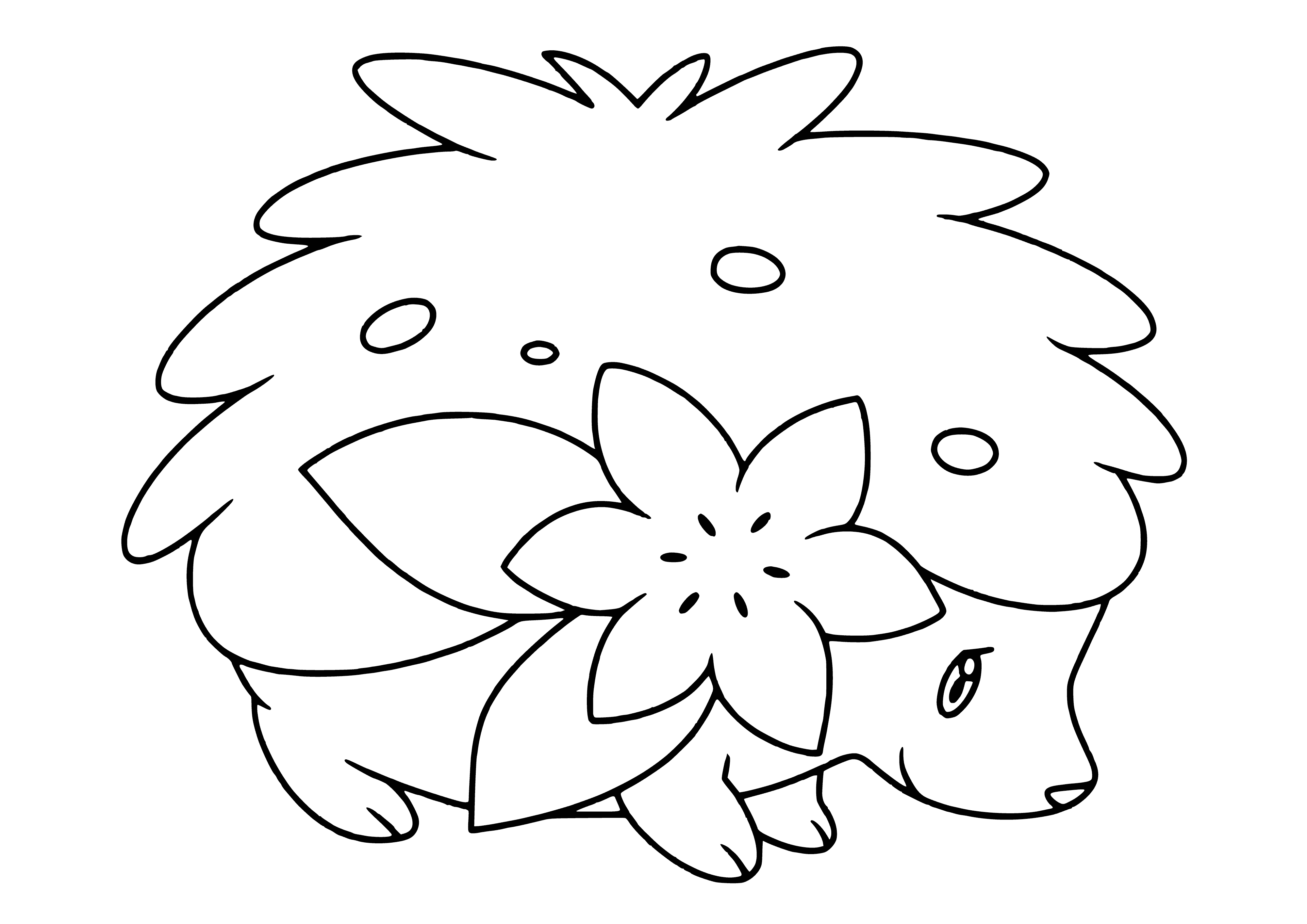 coloring page: Shaymin is a small, grass type Pokemon with white collar, red bowtie and 3 leaves on its head; blue eyes, small wings and two grass tufts on its back.