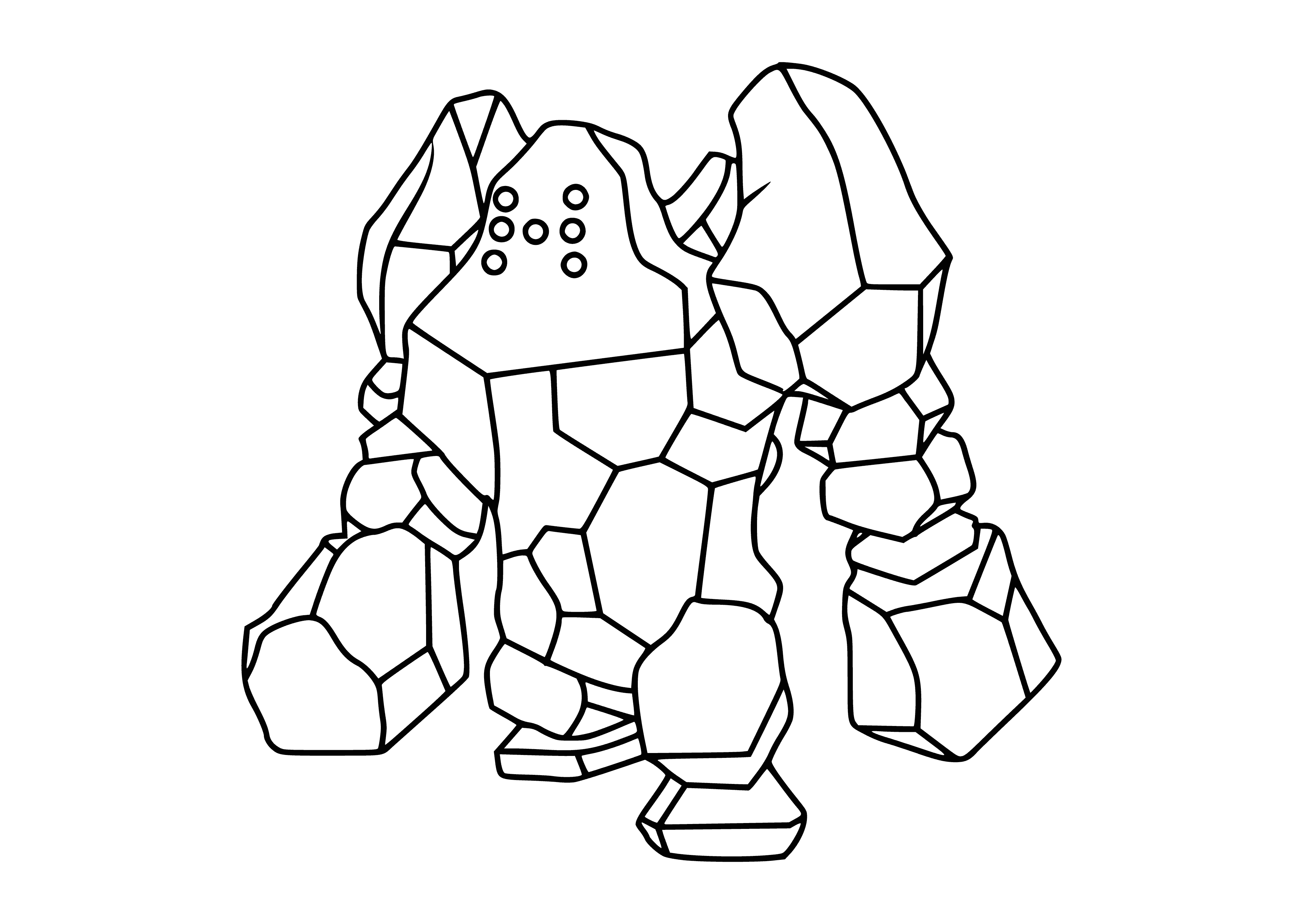 coloring page: Large, brown creature w/t-shaped head, red eyes, thick muscular arms/legs, & 2 large grey boulders on back.