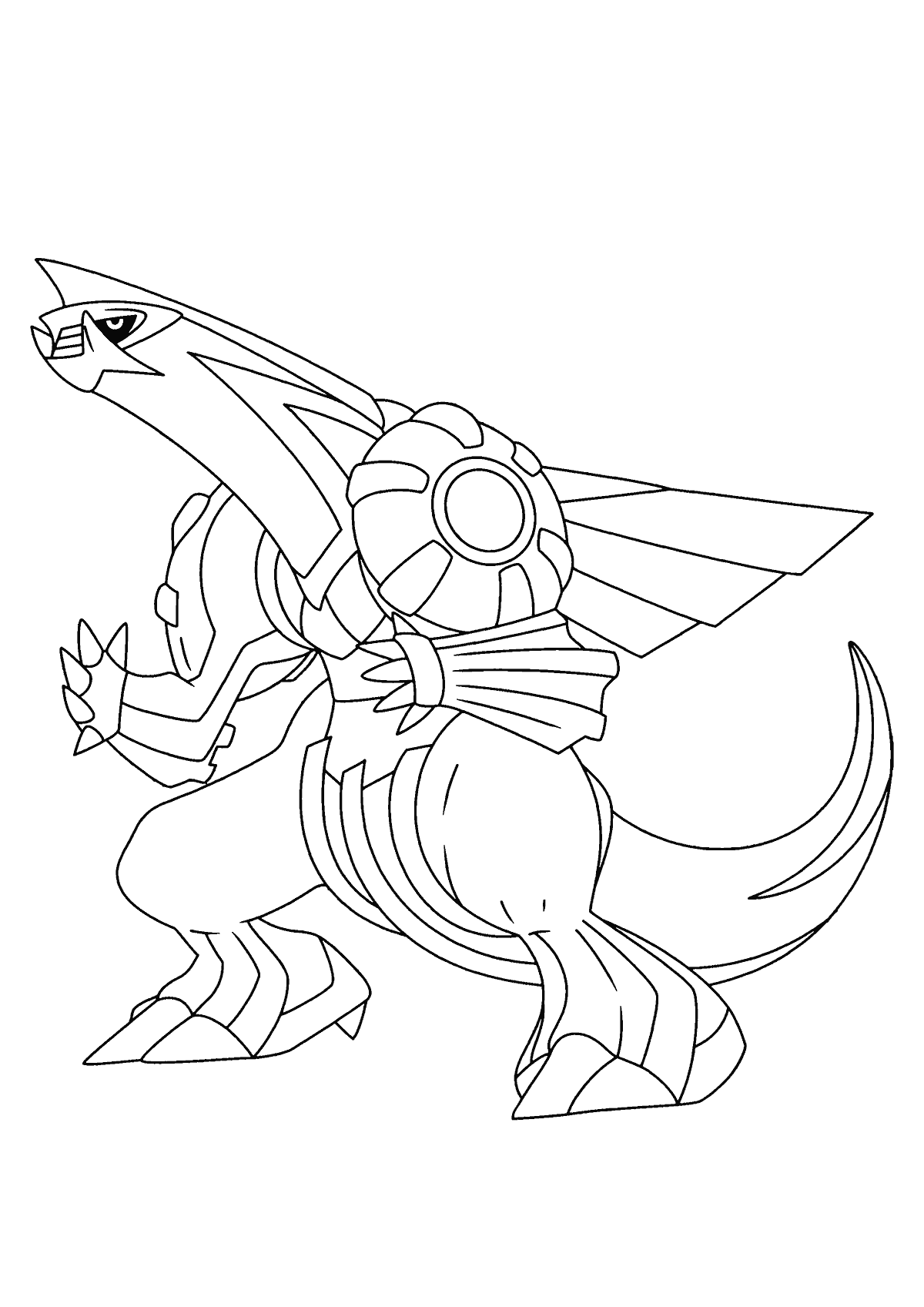 coloring page: Legendary Pokémon Palkia has majestic long neck & tail, deep blue body w/ light blue spots, white underbelly, red jewel on forehead, black horns, blue eyes, 4 white fins, & long blue tail.