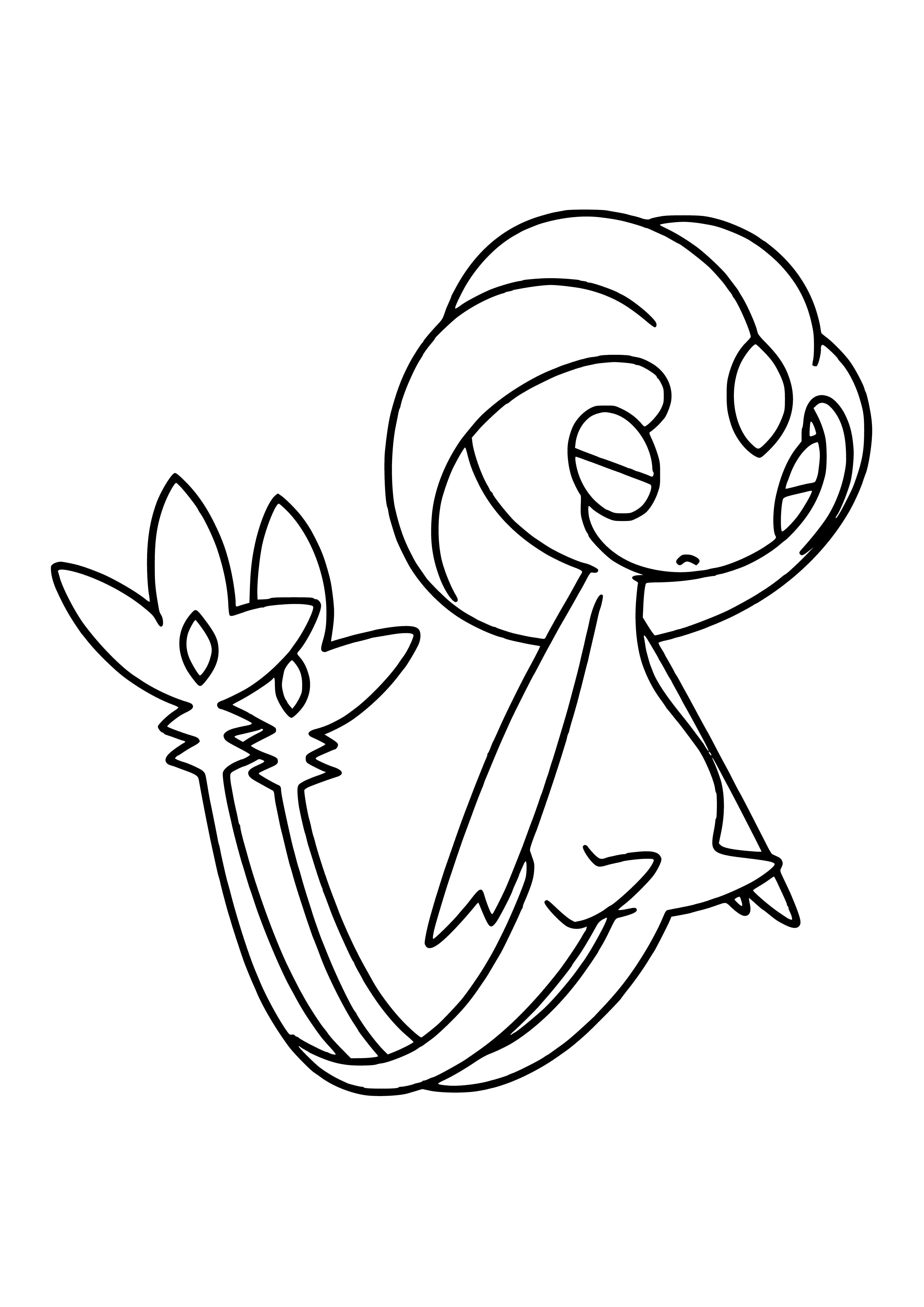 coloring page: Uxie is a Legendary Pokemon with a round body, three tails, blue eyes, and a red jewel.