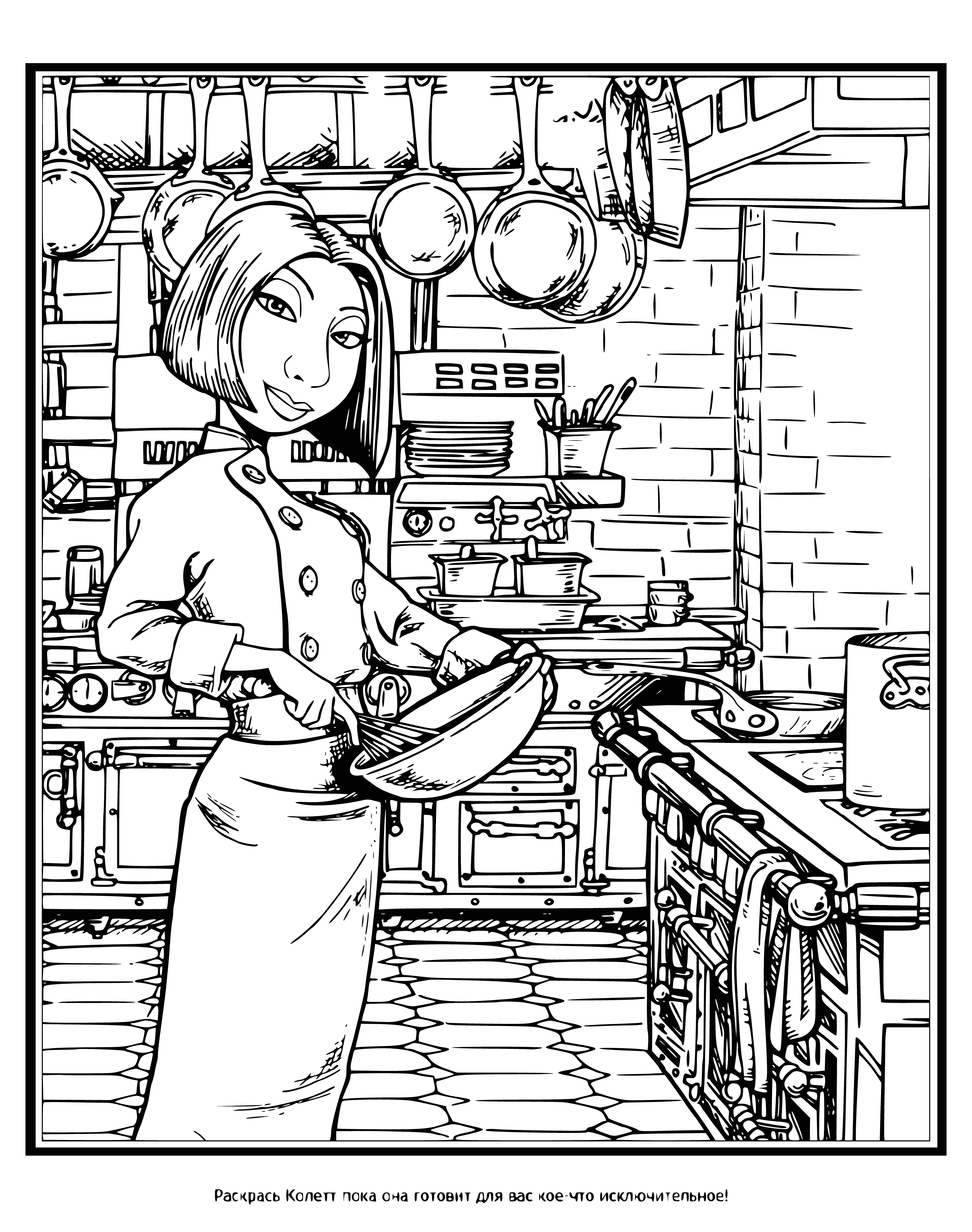 coloring page: Chef cooks in kitchen, chopping veggies and adding spices to pot on stove, stirring contents.