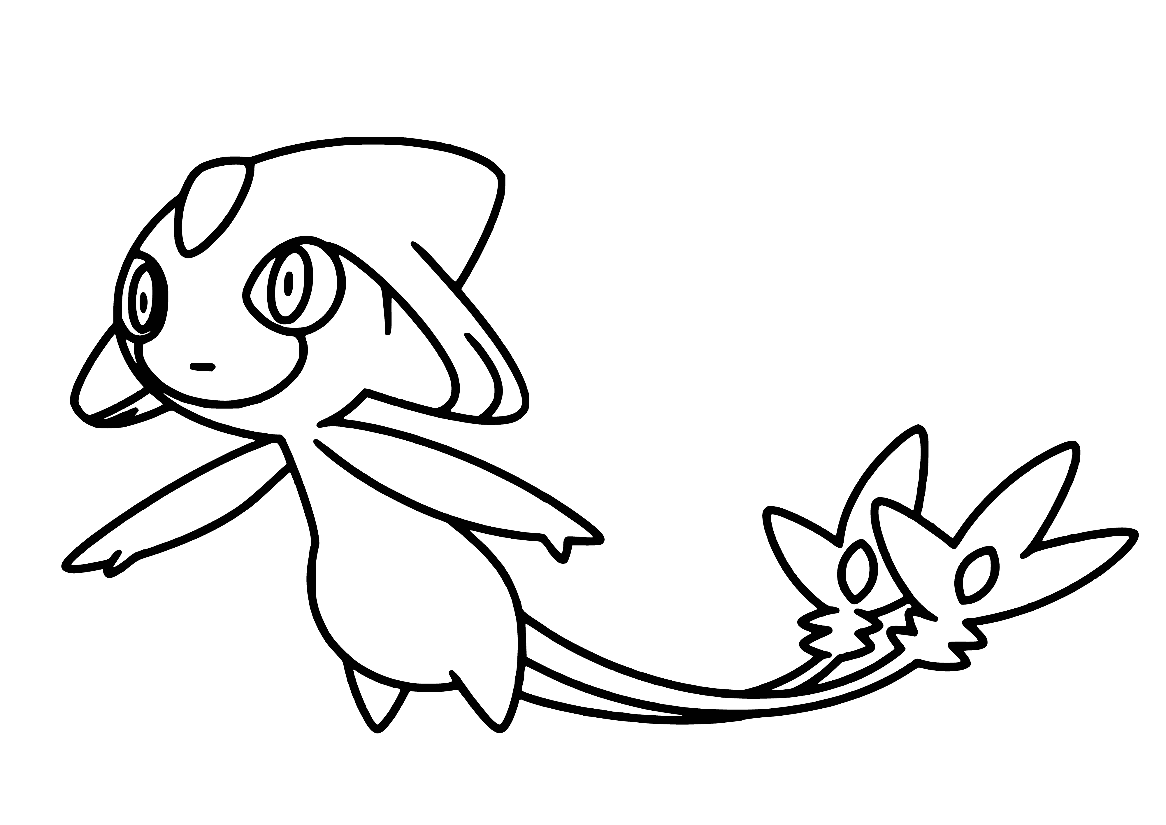 coloring page: Small blue fairy-like Pokémon with pointed ears, yellow forehead and white diamond chin marks, yellow star belly, red tail.