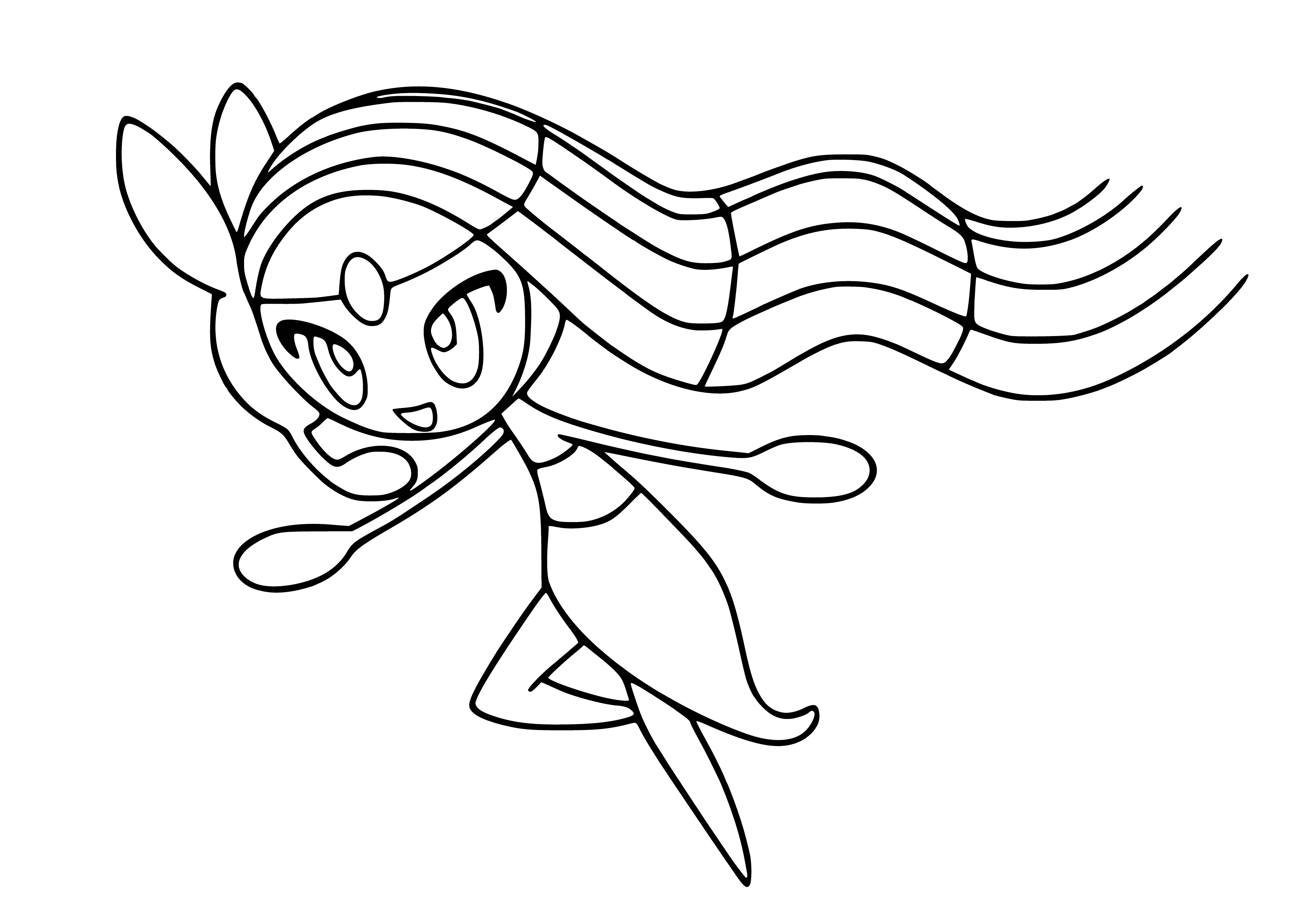 coloring page: Meloetta is a rare, mysterious Pokemon with delicate features, thin arms/legs, two wings and a long, curled tail.