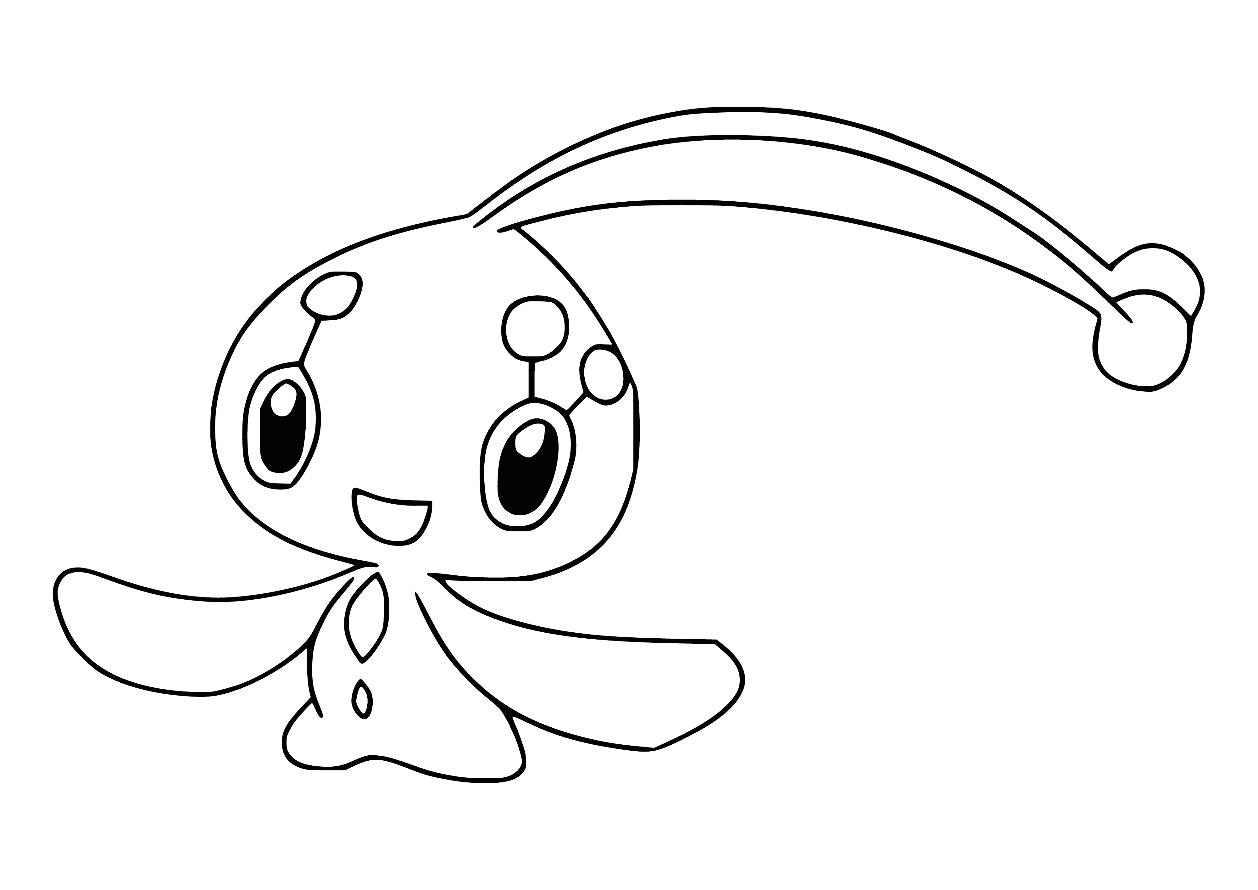 coloring page: Manaphy is a Legendary blue fairy-like Pokemon. It has a big head, small wings, black eyes & nose and a long blue tail.