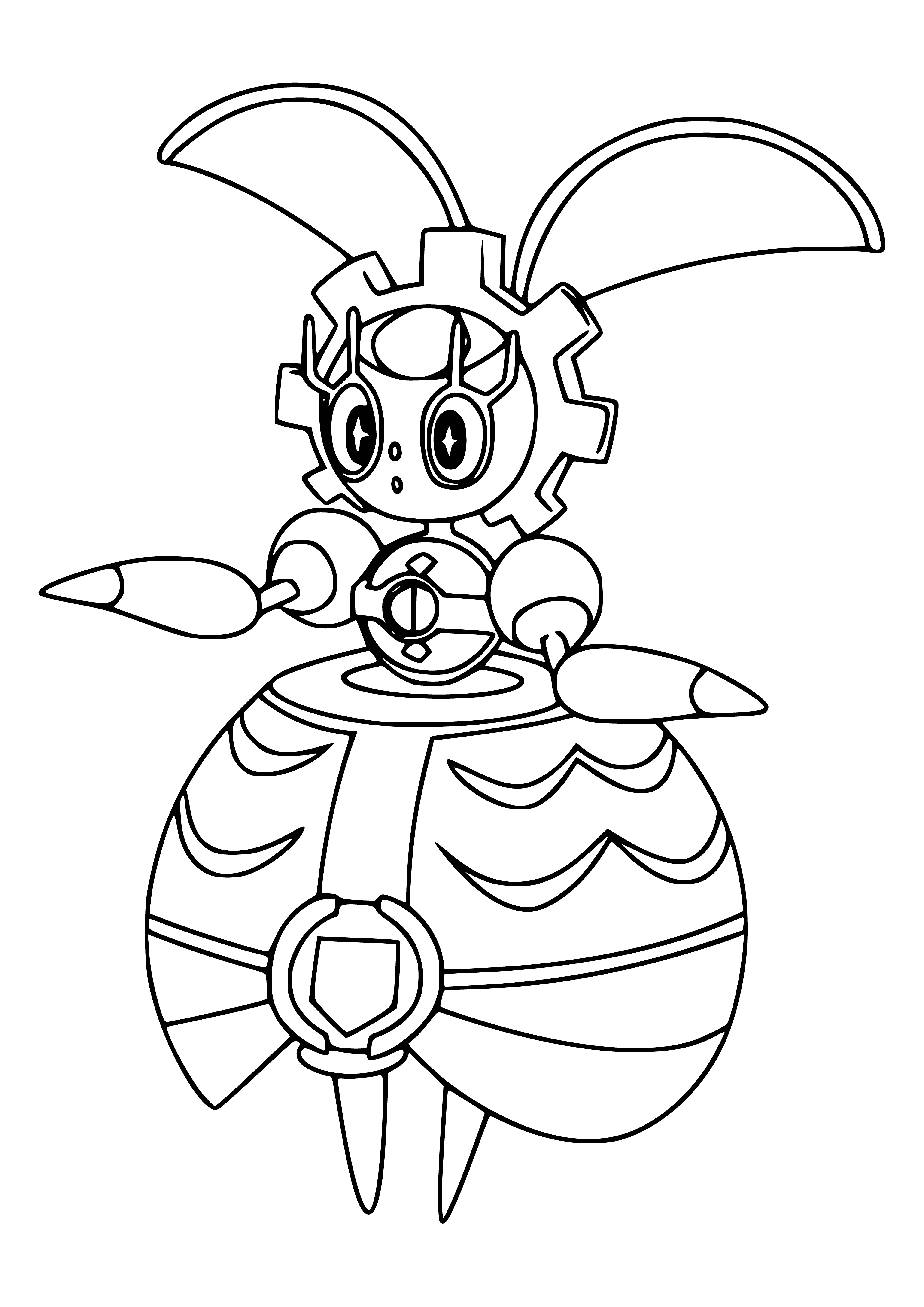 coloring page: Legendary robotic Pokémon Magearna has reddish-pink body, white head, yellow horns, violet eyes, and wings on its back. It has a violet gem on its front.