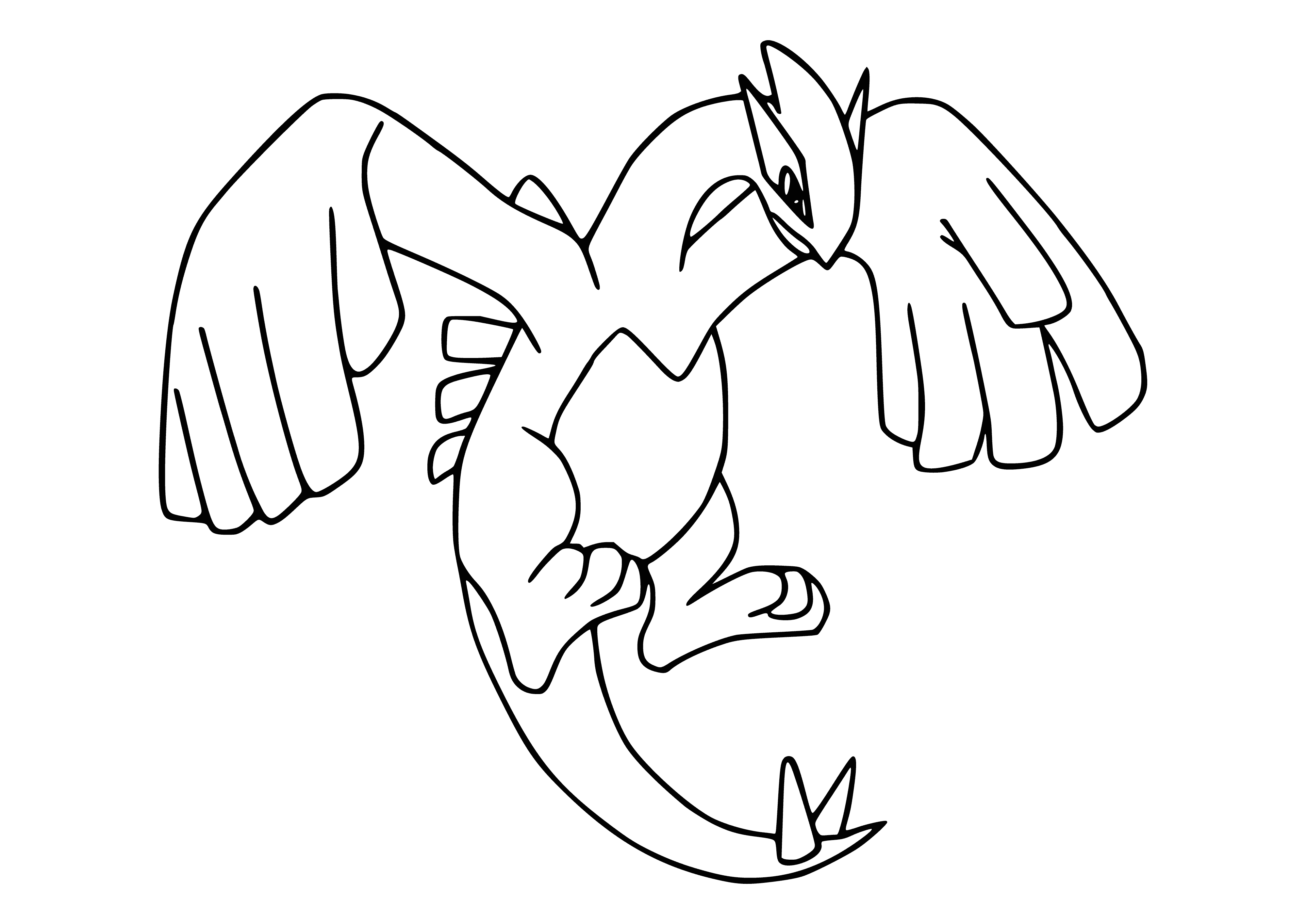 coloring page: Legendary Pokemon with blue body, white belly & crown-like crest. Huge, sweeping wings & a calm, regal presence.