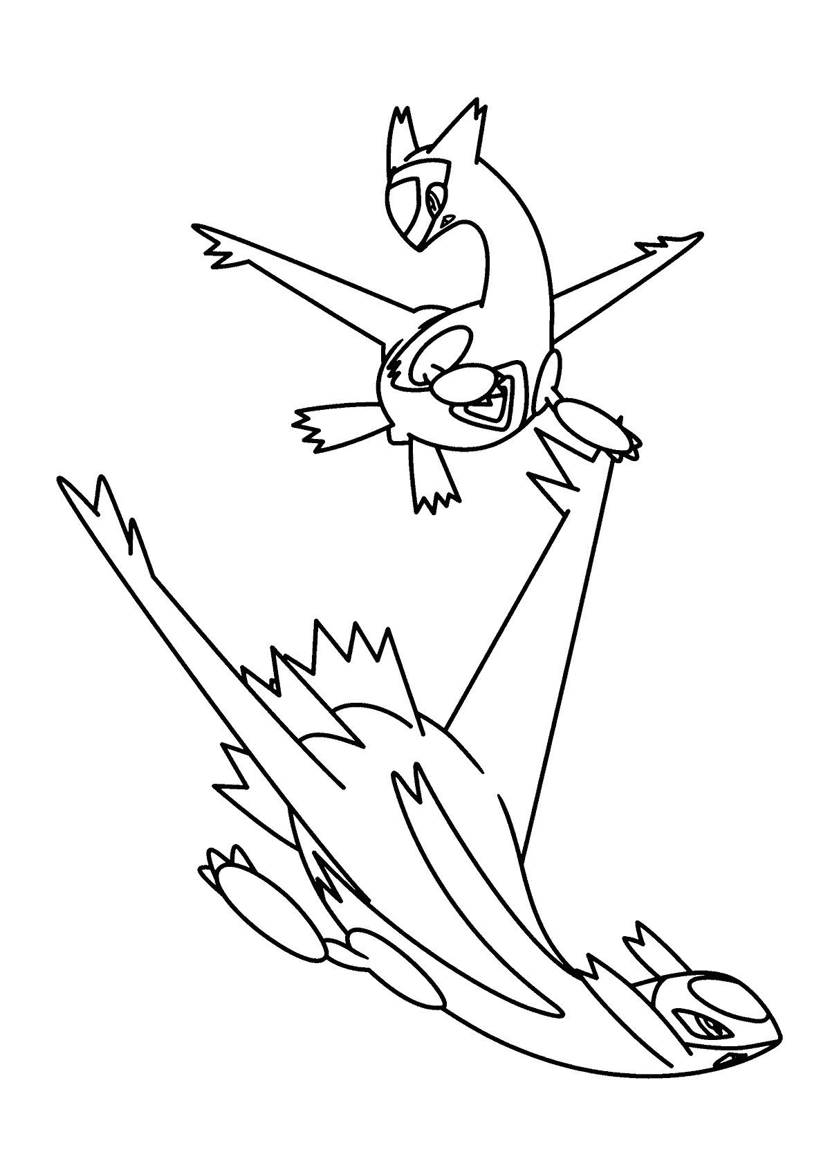 coloring page: Two dragon-like Pokémon w/ long necks, wings & antler-like horns: Latias has red gem on chest, Latios blue gem on forehead & tails w/ red/blue tip.
