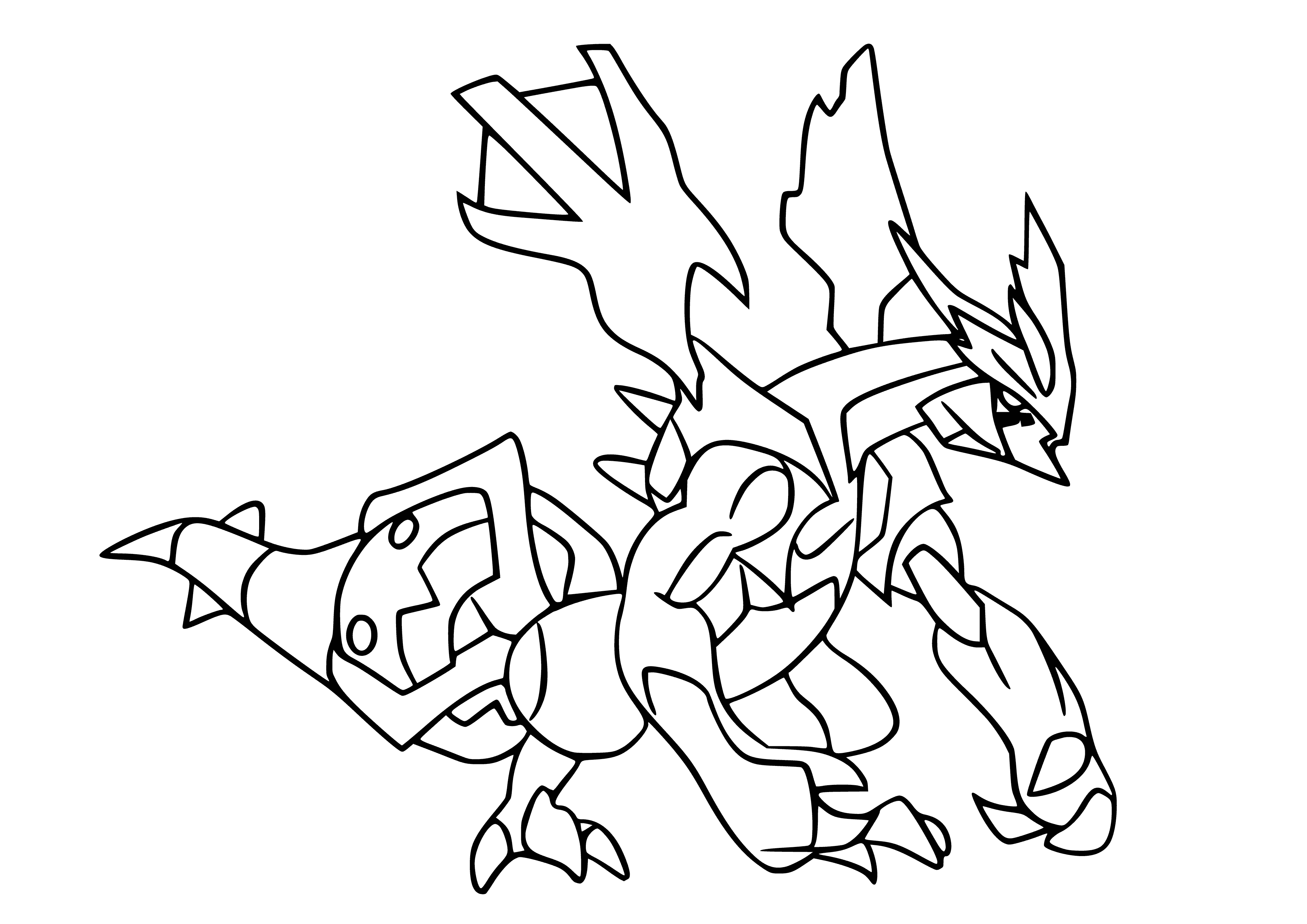 coloring page: Kyurem, a large, draconic Pokémon with red eyes & crystal spikes on its body & cheeks. It has 4 white spikes, two black claws & two long tails.