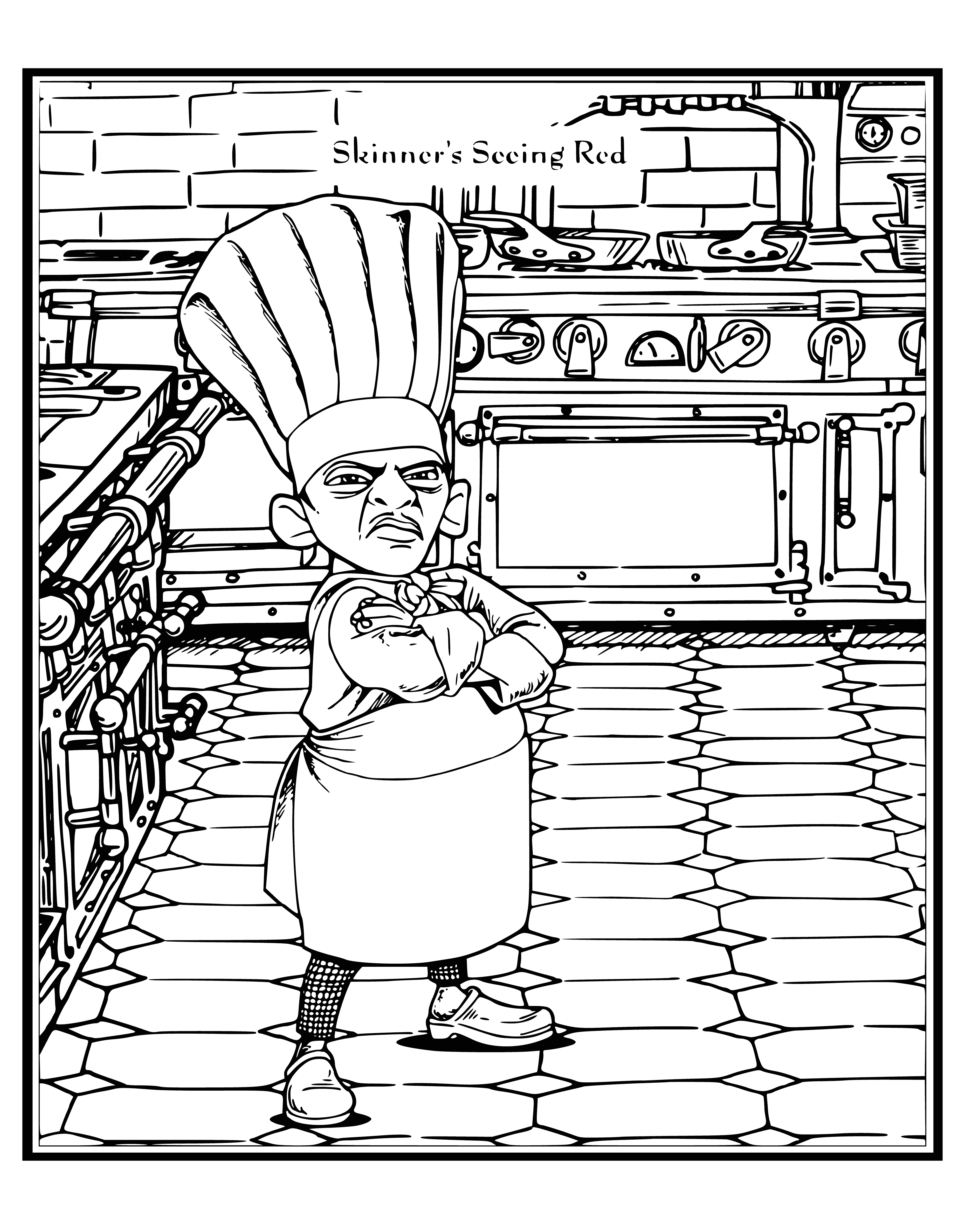 coloring page: A rat in a chef outfit holds a spoon & whisk, smirking. A stove w/ veg in a pot behind him tells the tale of Ratatouille.