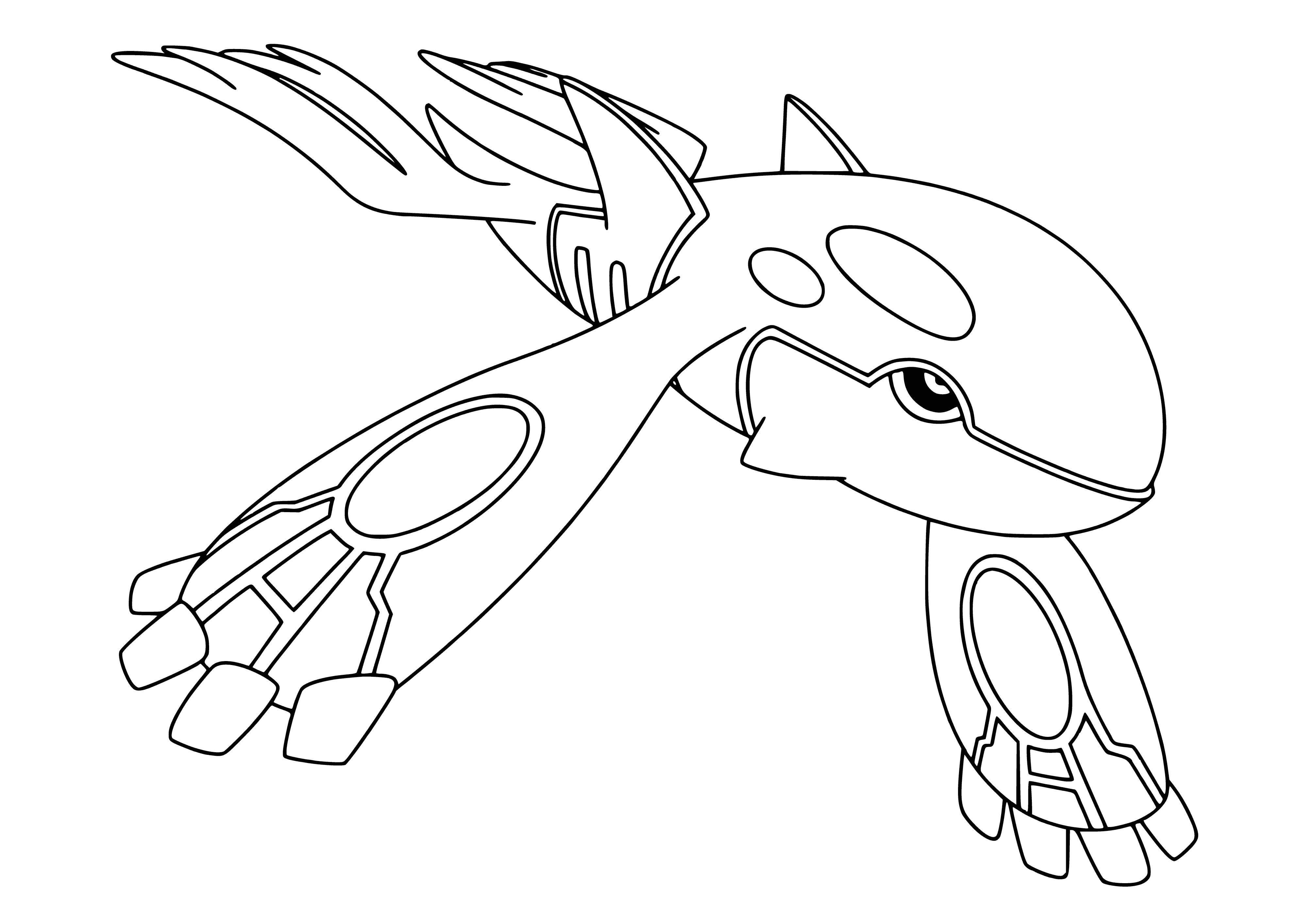 coloring page: Kyogre is a Legendary Pokemon of the Sinnoh region, a massive blue whale-like creature with a white underbelly & large fins. Its power can raise continents above the sea, & is known as the "Sky High Pokemon."