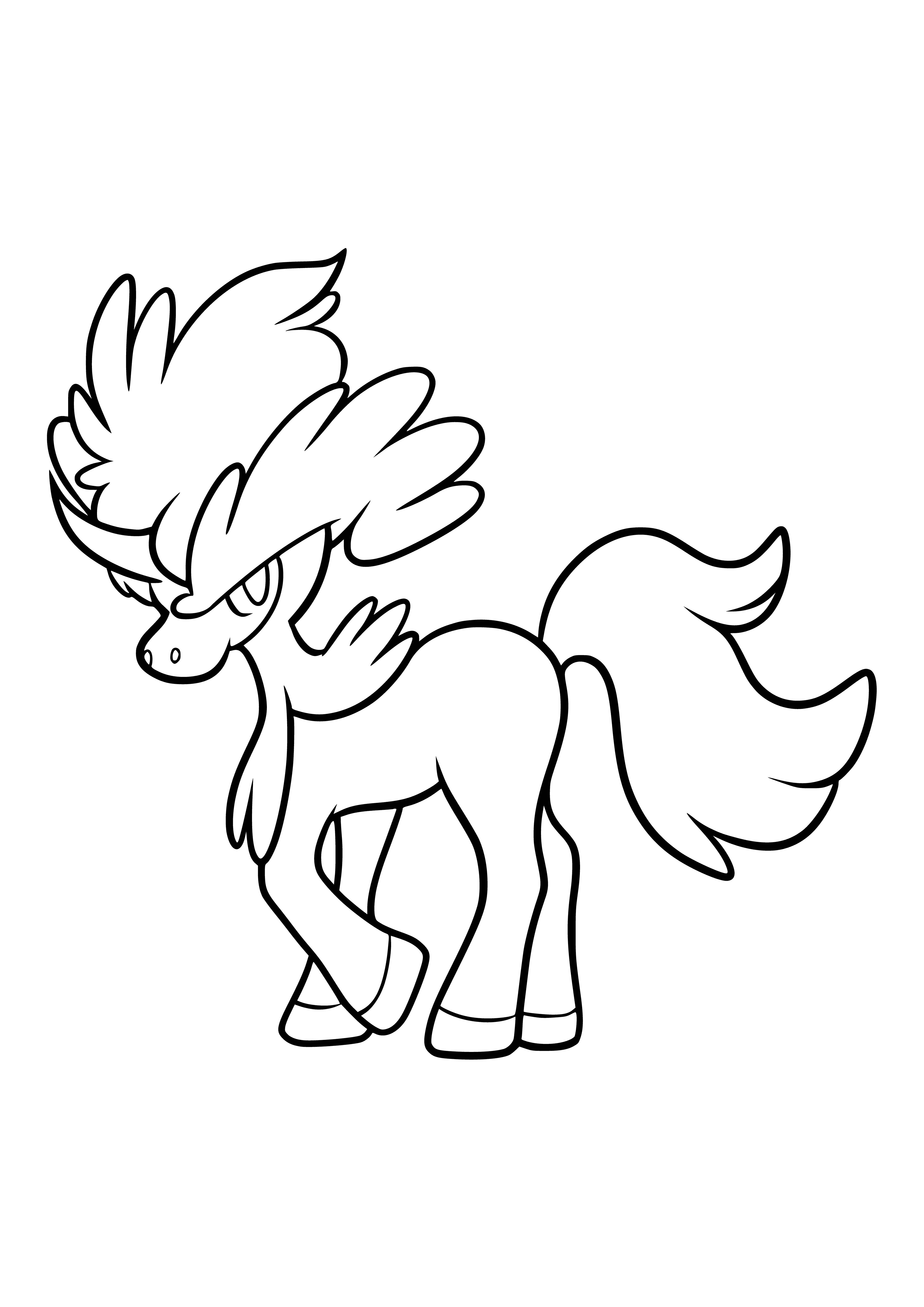 coloring page: Legendary Pokemon Keldeo has a unicorn & dragon body; mostly blue with white markings & a spiraling horn. Long fish-like tail.
