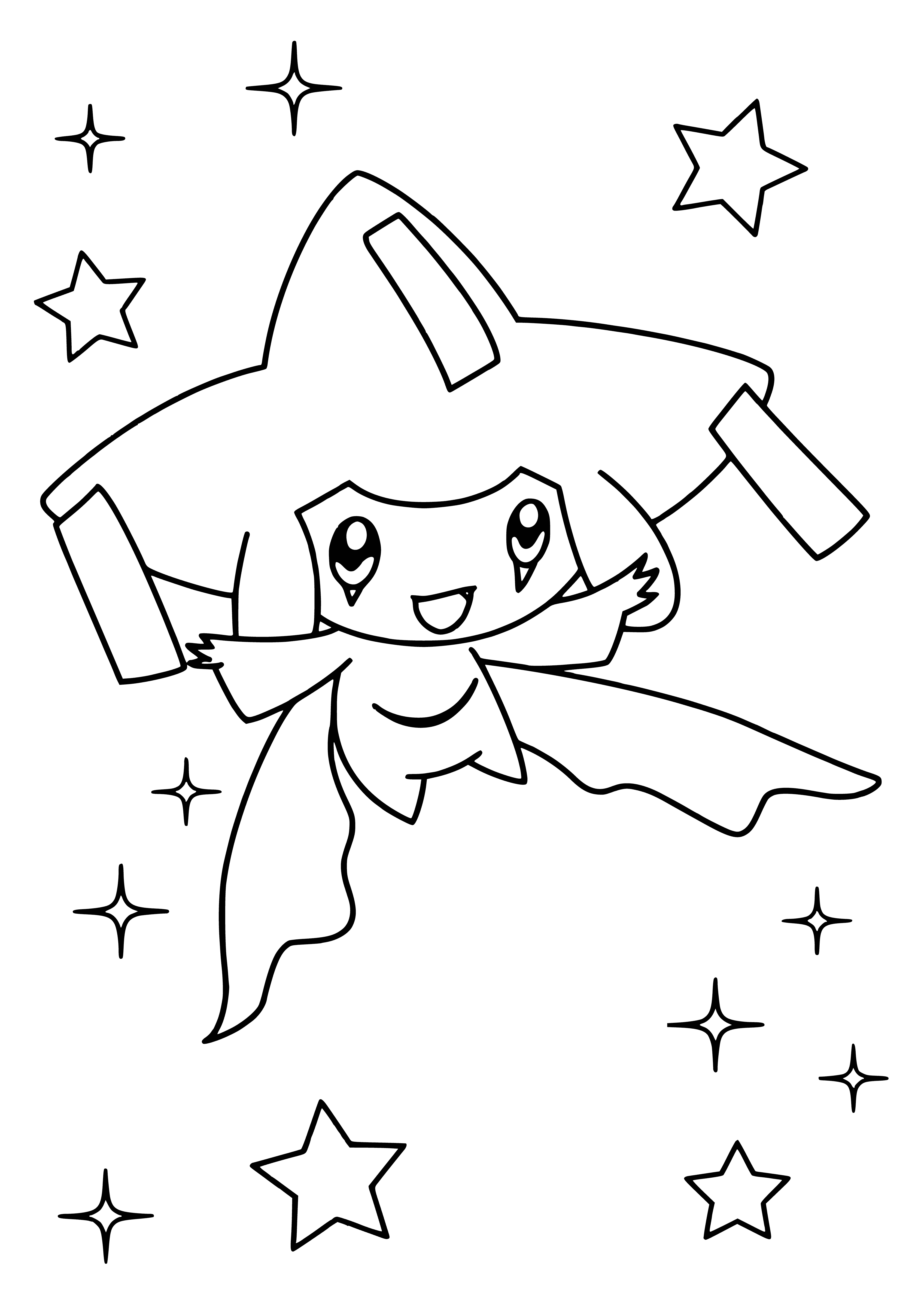 coloring page: Legendary Pokémon Jirachi has a round body with blue stripes, blue crest & two wings, and four small legs with blue feet.