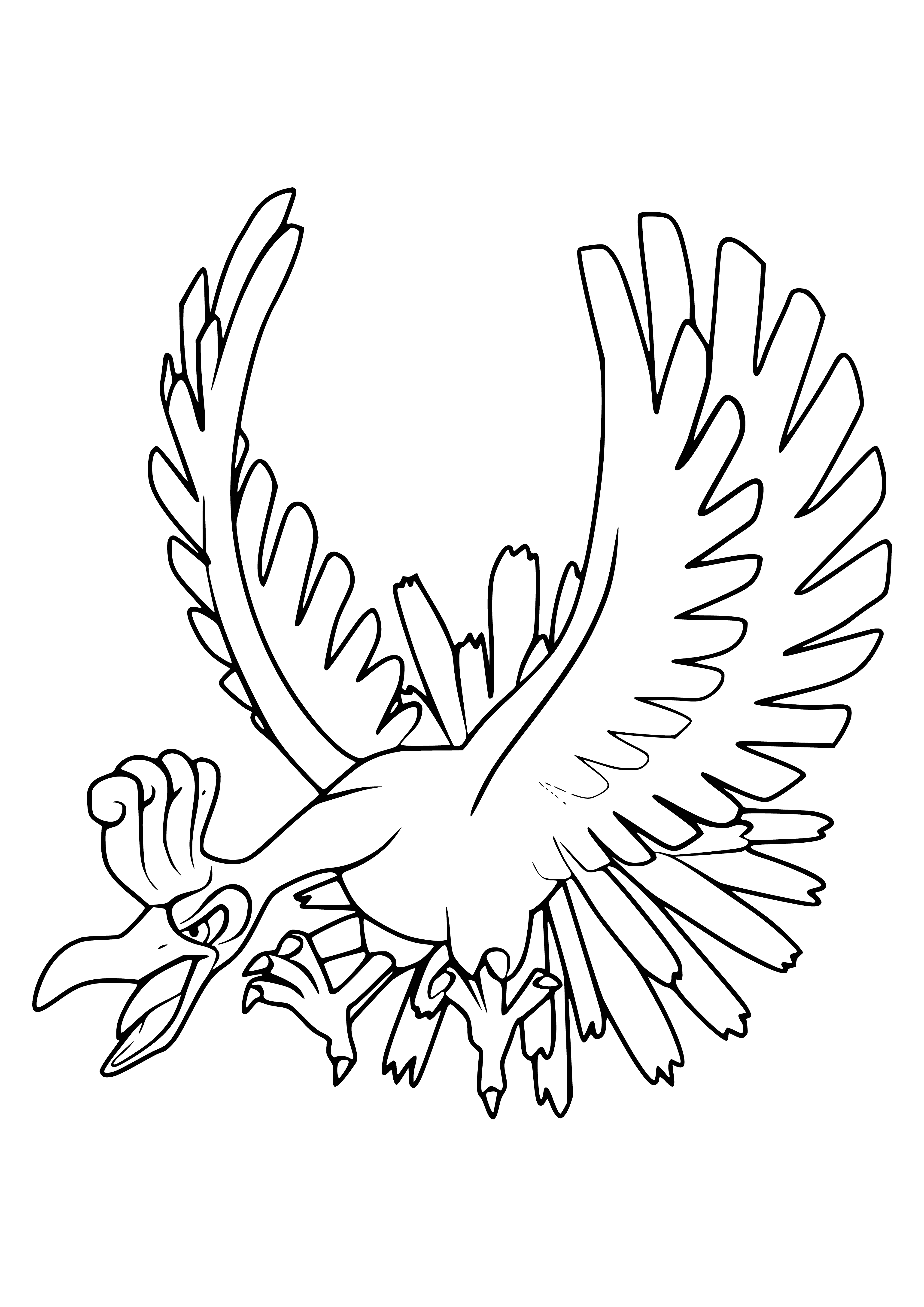 coloring page: Ho-Oh is an ancient mythical guardian of legendary Pokémon, Lugia, known for its golden body, red breast, long neck and tail, beak, and feather-like streamers. It bears a circular crest atop its head.