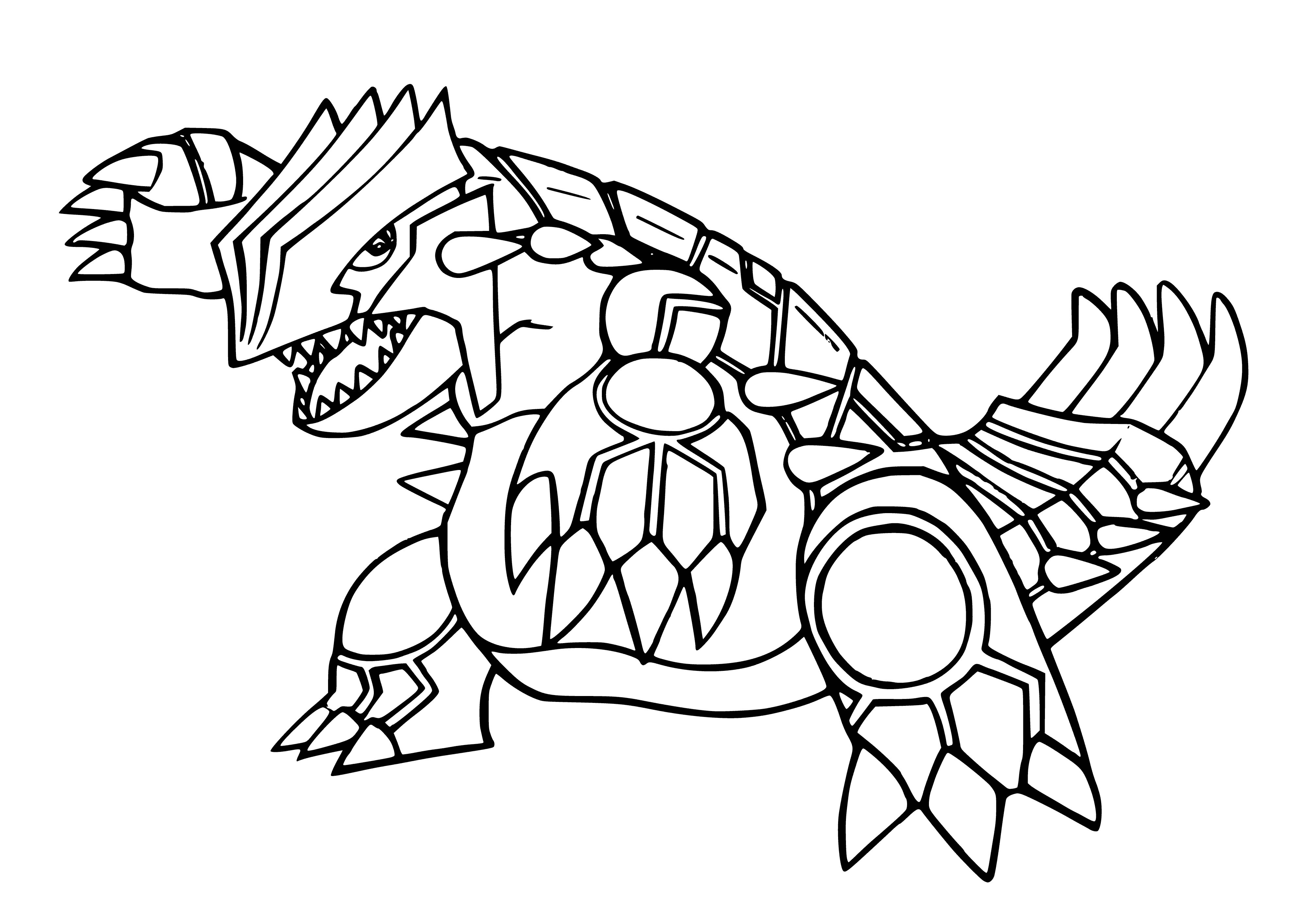 coloring page: Large orange dinosaur-like Pokemon w/tail, big claws, rock-like plates, red eyes & horns.
